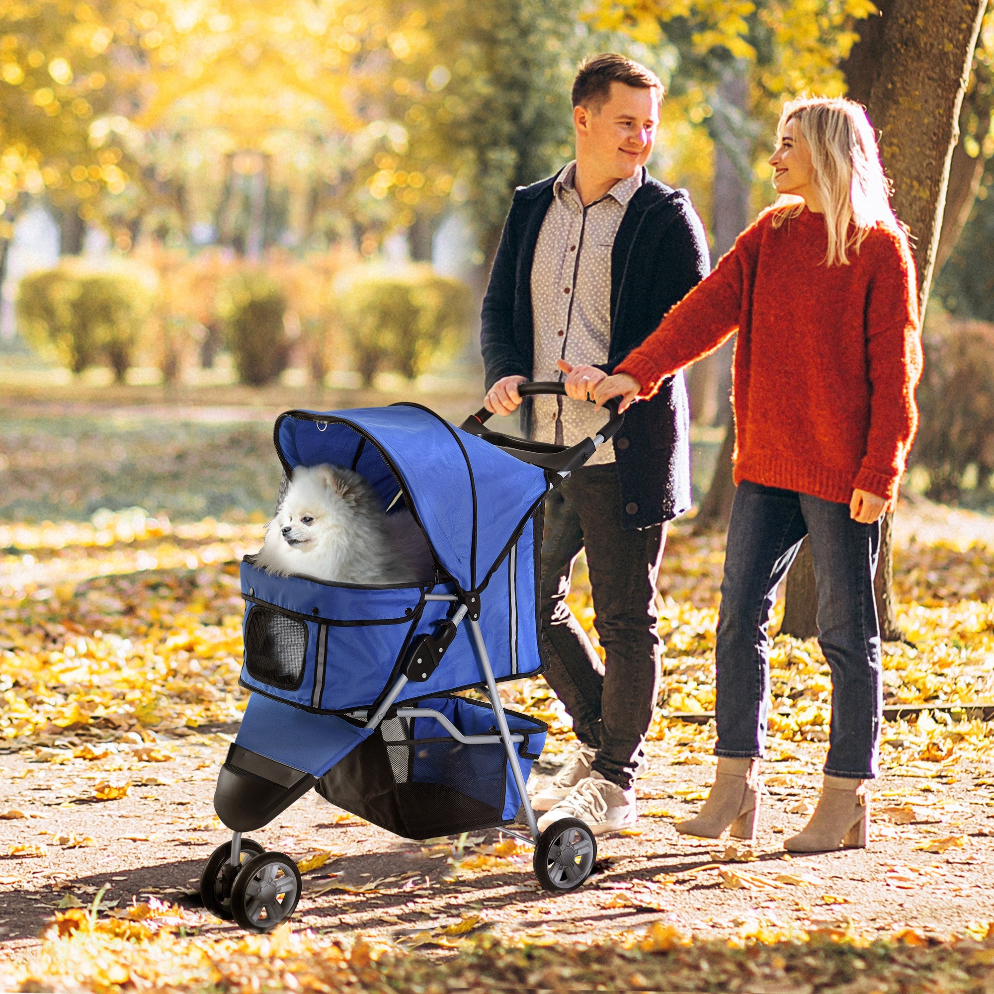 3 Wheels Foldable Dog Stroller with Storage Basket, Adjustable Canopy, Cupholder for Miniature and Small Dogs, Blue Dog Bike Trailers & Strollers at Gallery Canada