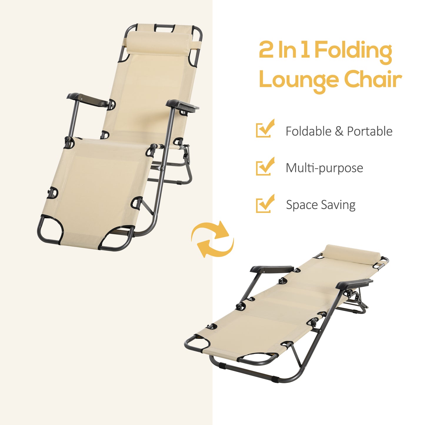 Folding Chaise Lounge Chair, Outdoor Portable 2-Level Adjustable Recliner Zero Gravity Chair with Headrest Pillow, Beige Lounger Chairs   at Gallery Canada