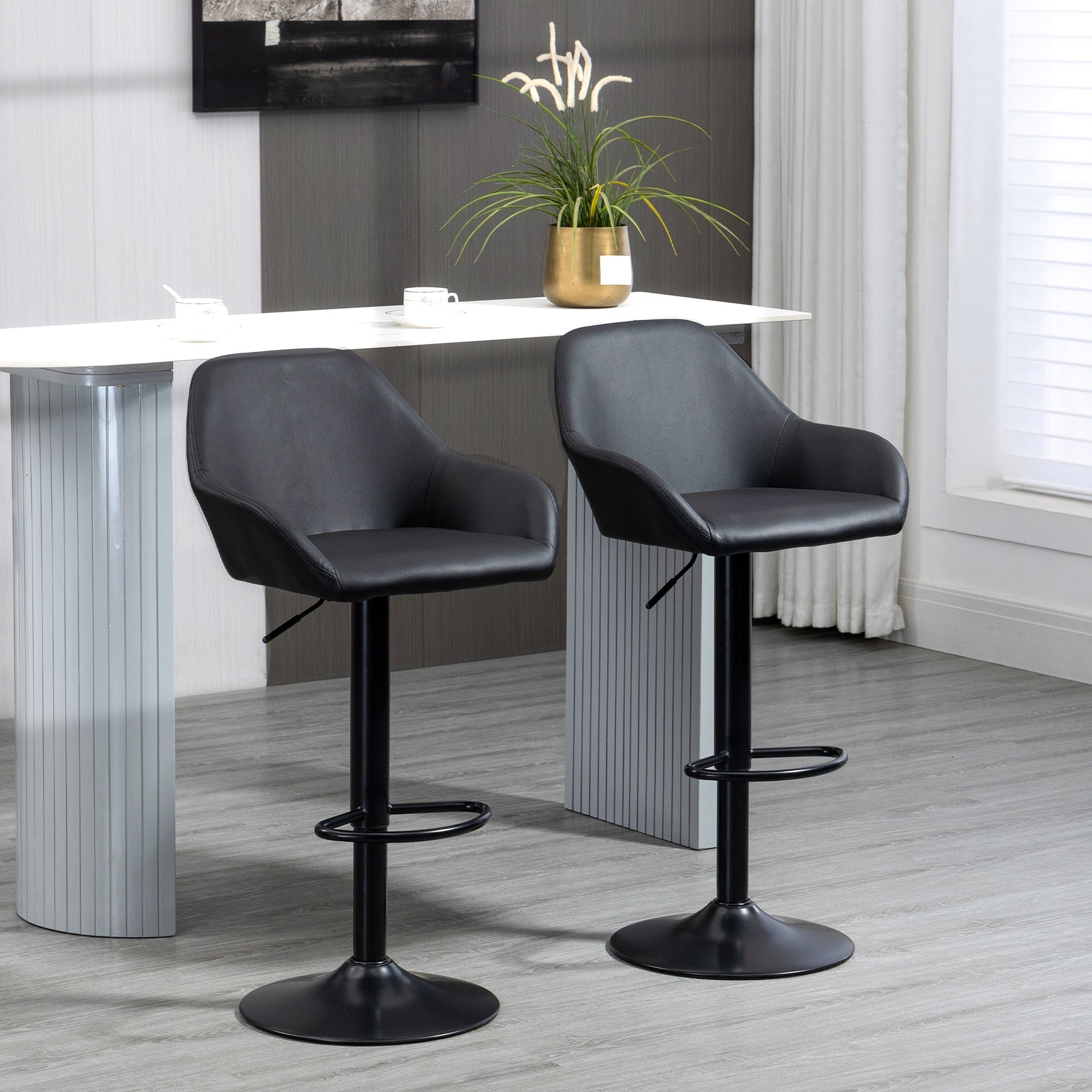 Adjustable Bar Stools Set of 2, Swivel Barstools with Footrest and Back, PU Leather and Steel Round Base, for Kitchen Counter and Dining Room, Black Bar Stools   at Gallery Canada