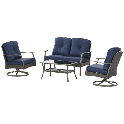 4 PCS Patio PE Rattan Wicker Sofa Set Outdoor Conversation Furniture w/ Two Tier Tea Table &; Cushions, Navy Blue