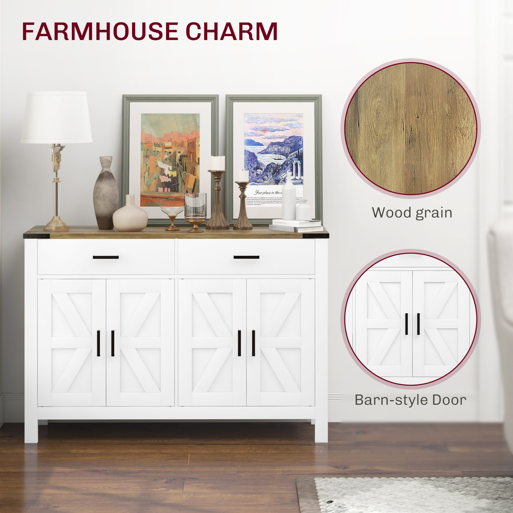 Farmhouse Buffet Cabinet Sideboard with 2 Drawers, 2 Storage Cabinets and Adjustable Shelves, White Bar Cabinets   at Gallery Canada