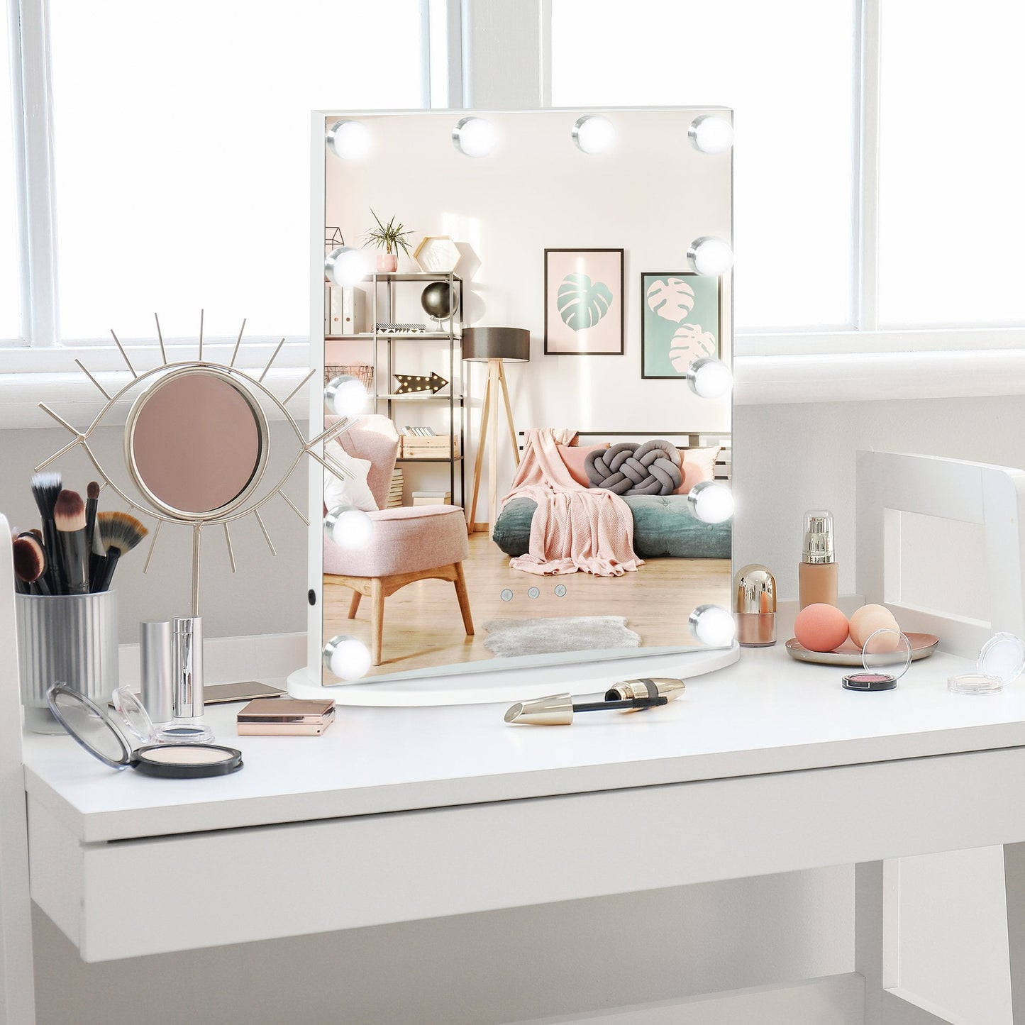 Hollywood Lighted Makeup Mirror with 12 Dimmable LED Bulbs, 3 Lighting Modes, Touch Control, White Wall Mirrors   at Gallery Canada