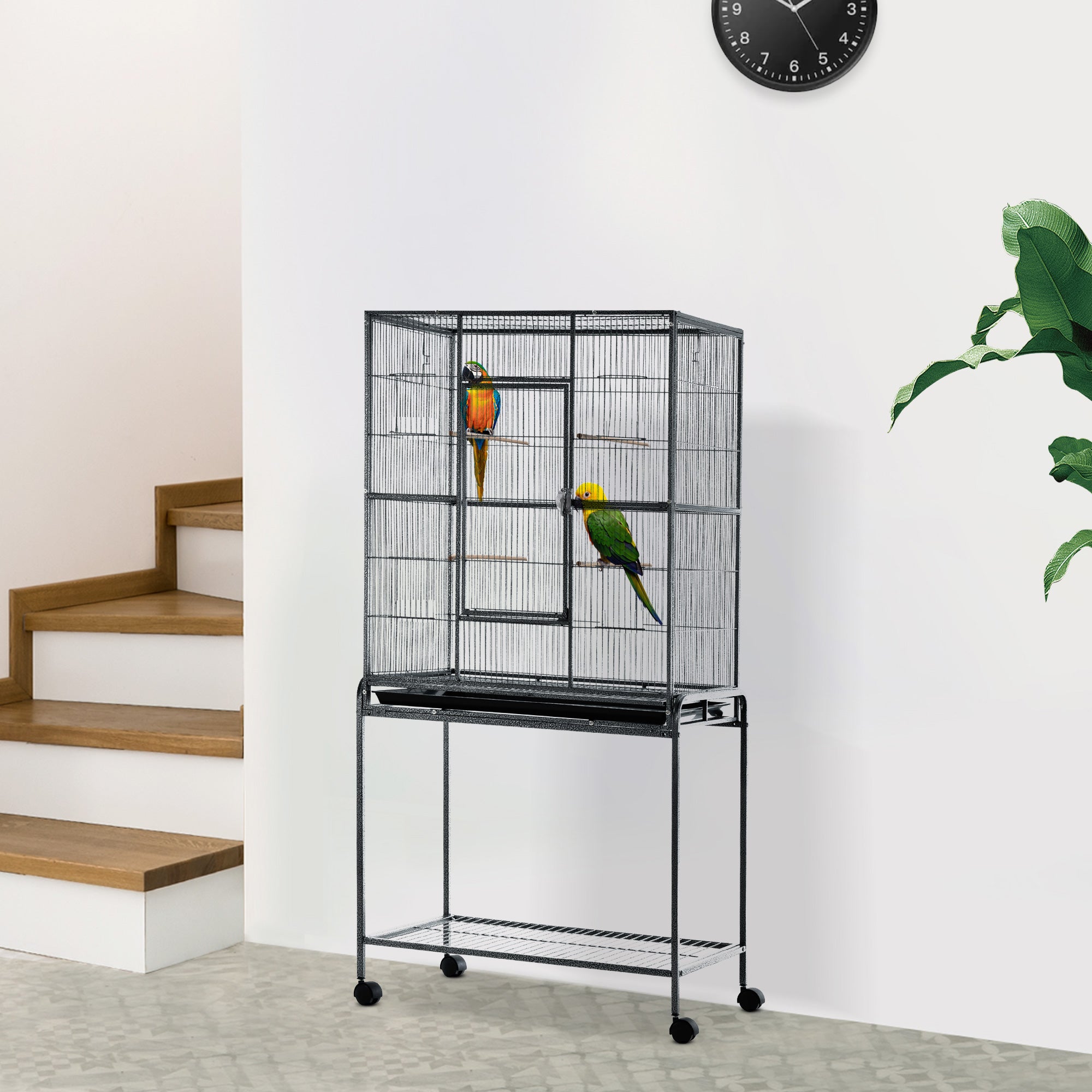 30'' Large Rolling Metal Bird Cage Bird House with Detachable Rolling Stand, Storage Shelf, Wood Perch Food Container - Black Bird Cages at Gallery Canada