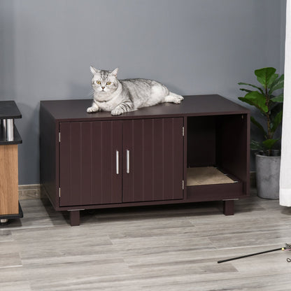 Wooden Cat Washroom Pet Litter Box Enclosure Kitten House Nightstand End Table with Scratcher Magnetic Doors Brown Cat Litter Box Enclosures   at Gallery Canada