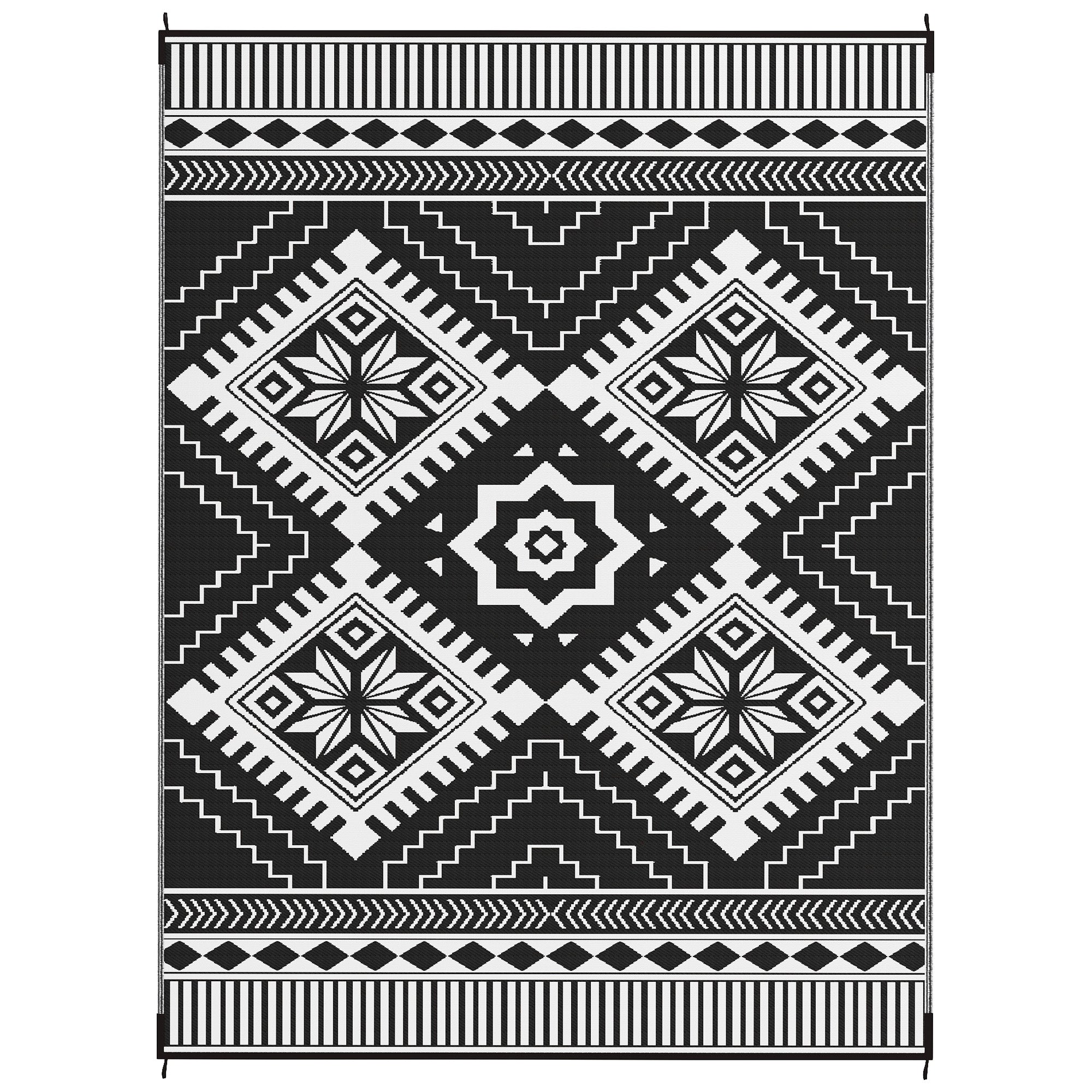 9' x 12' Outdoor RV Rug, Reversible Patio Floor Mat with Carry Bag, Toothed Rhombus, White and Black Garden Decor Black and White at Gallery Canada