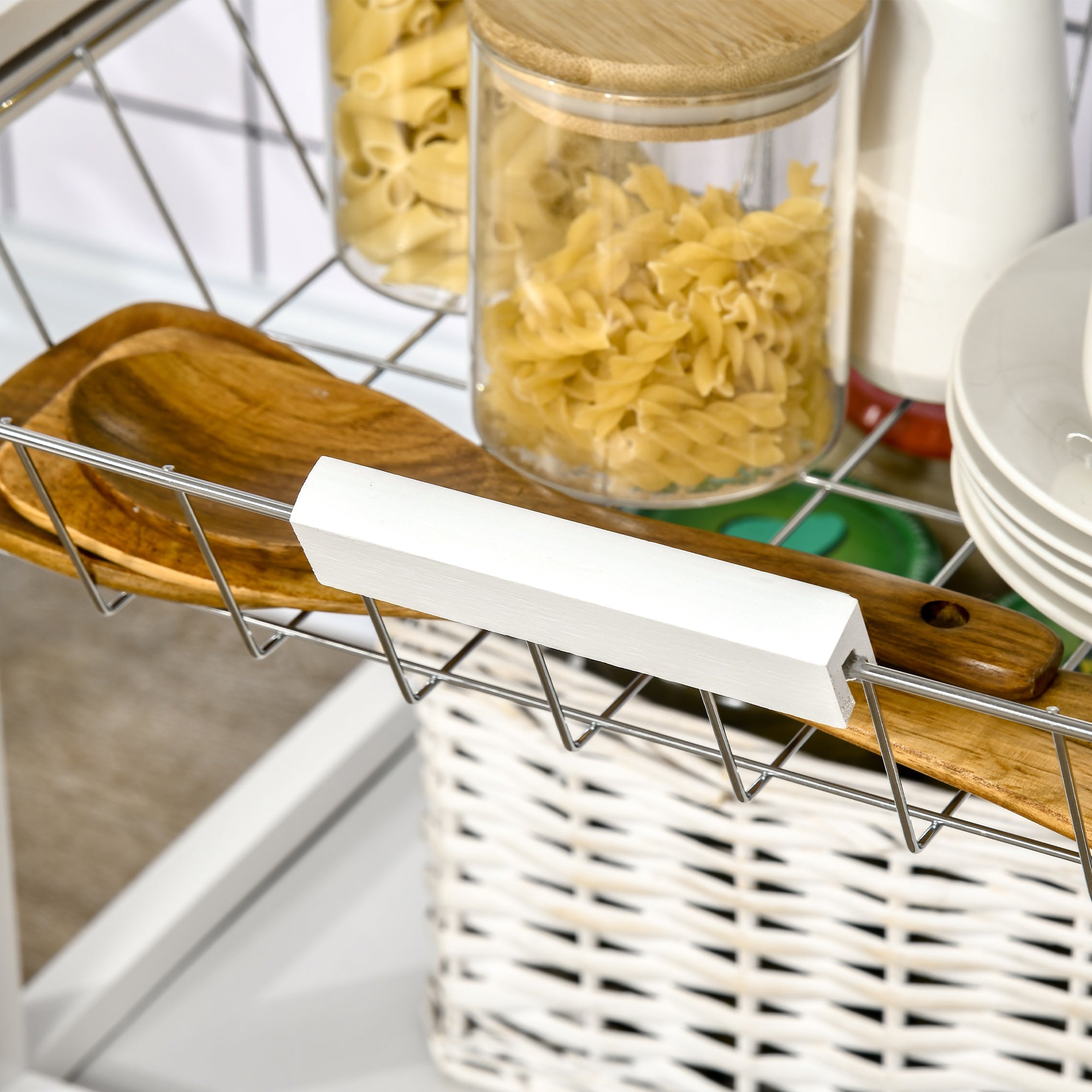 3-Tier Utility Kitchen Cart with Handle Bar, Steel Basket Rolling Kitchen Island, Food Storage Service Trolley with Wheels, Rubber Wood Top, White Kitchen Islands & Kitchen Carts   at Gallery Canada