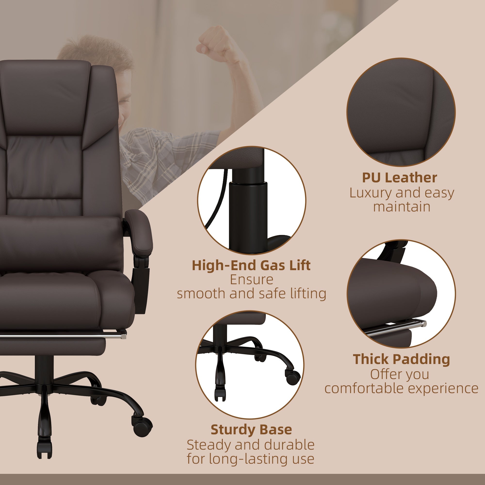 6-Point Vibration Massage Chair, Height Adjustable Reclining Computer Chair with Retractable Footrest, Brown Executive & Manager Chairs   at Gallery Canada