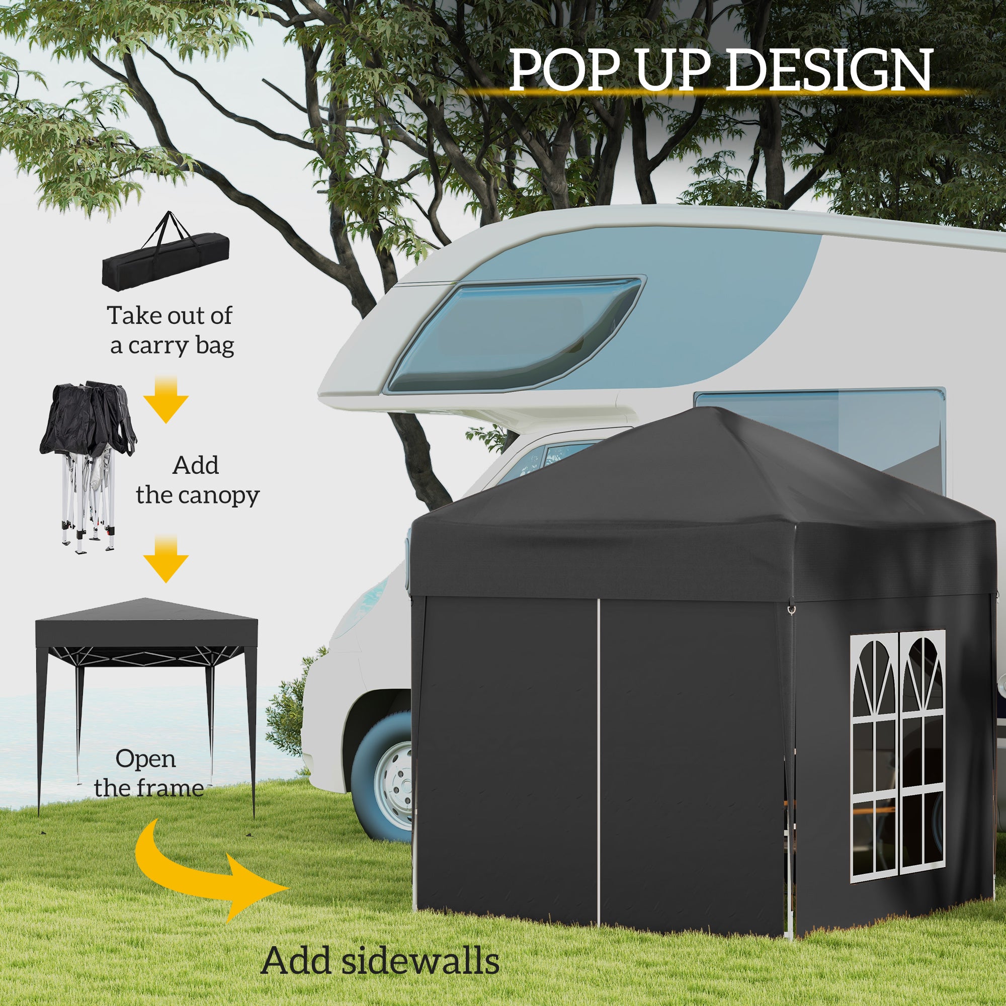 6.6'x6.6' Pop Up Canopy Tent with Sidewalls, Instant Sun Shelter Camping Gazebo with Carry Bag, Black Pop Up Canopies at Gallery Canada