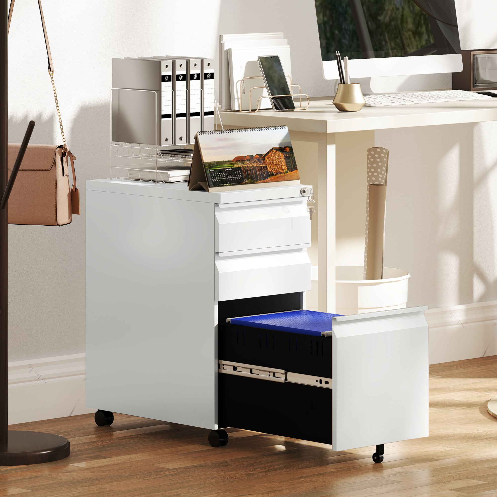 3 Drawer Filing Cabinet with Lock, Steel Office Storage Cabinet with Hanging Bar for A4, Legal, Letter Files, White Office Cabinets & Cupboards at Gallery Canada