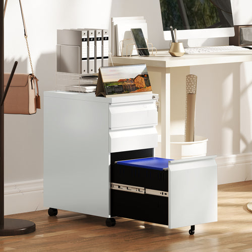 3 Drawer Filing Cabinet with Lock, Steel Office Storage Cabinet with Hanging Bar for A4, Legal, Letter Files, White