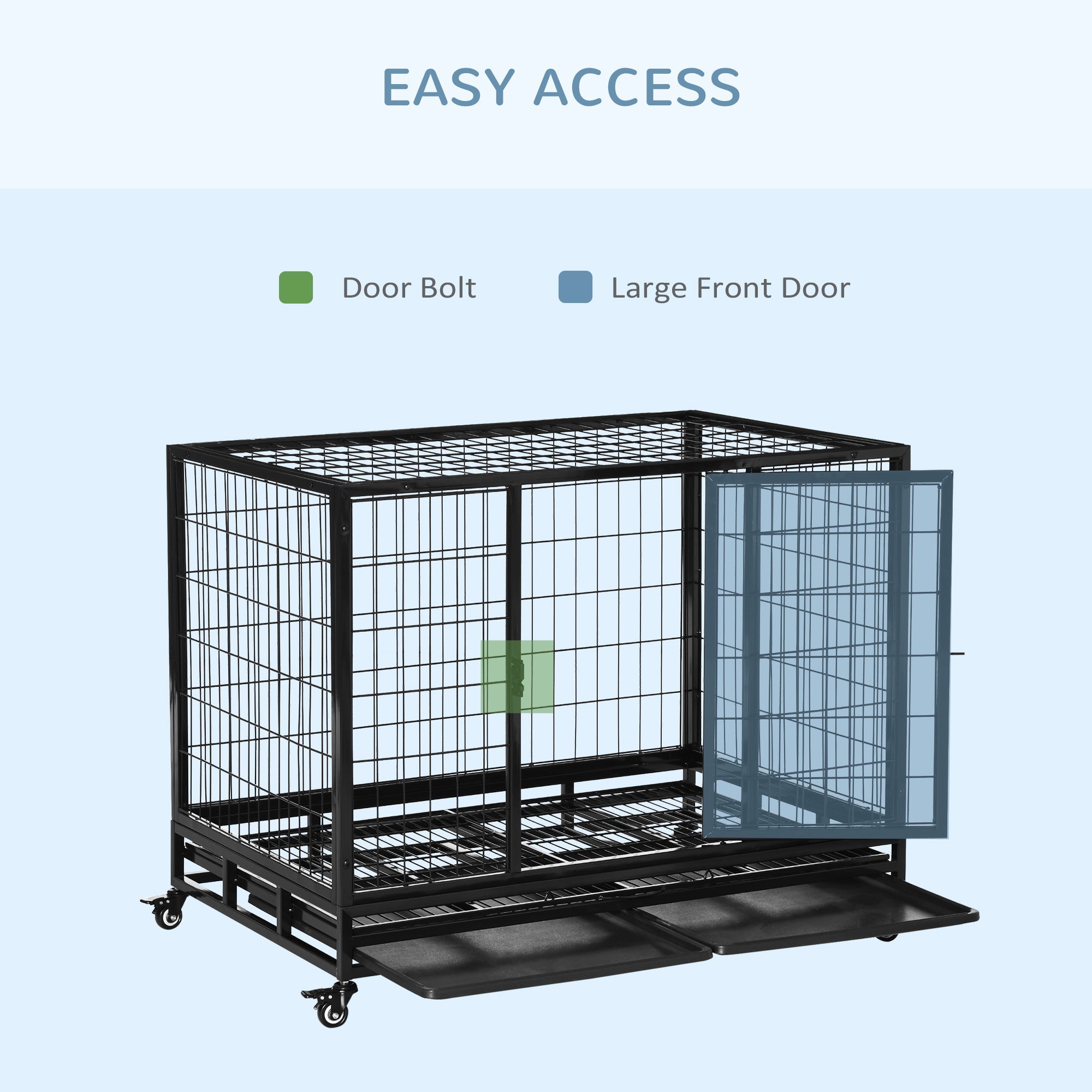 Heavy Duty Dog Crate Cage for Large Dogs Cats with Two Doors, Lockable Wheels, Removable Tray, 43