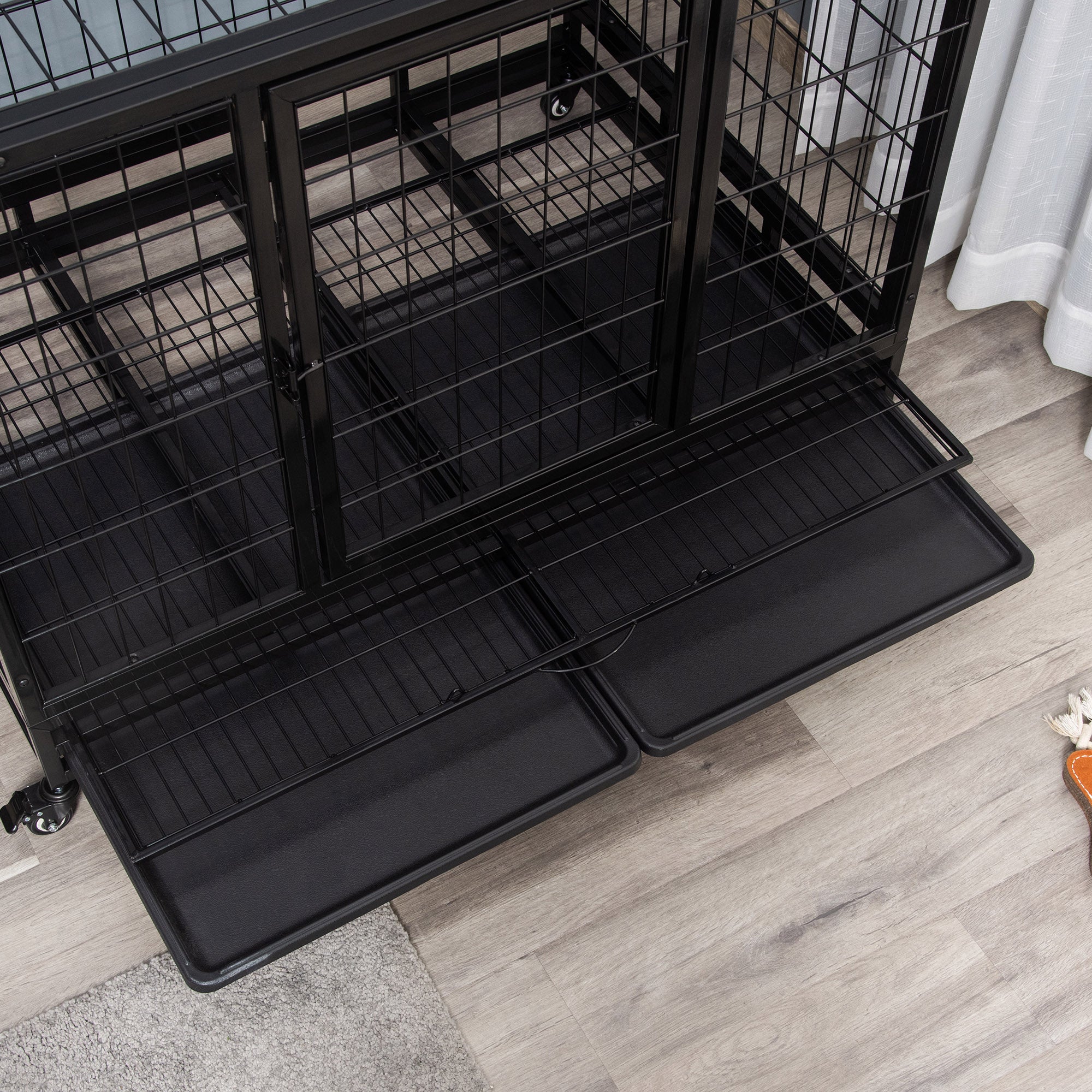 Heavy Duty Dog Crate Cage for Large Dogs Cats with Two Doors, Lockable Wheels, Removable Tray, 43