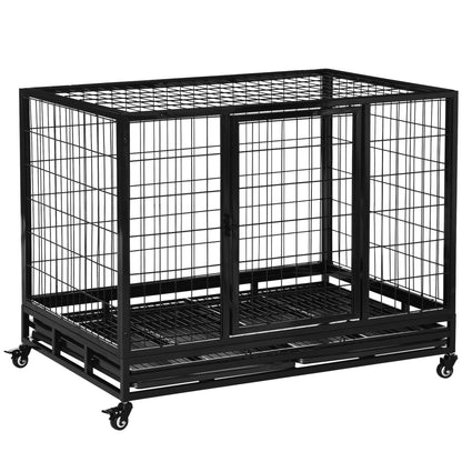 Heavy Duty Dog Crate Cage for Large Dogs Cats with Two Doors, Lockable Wheels, Removable Tray, 43" x 30" x 34.5'' Houses, Kennels & Pens Black  at Gallery Canada