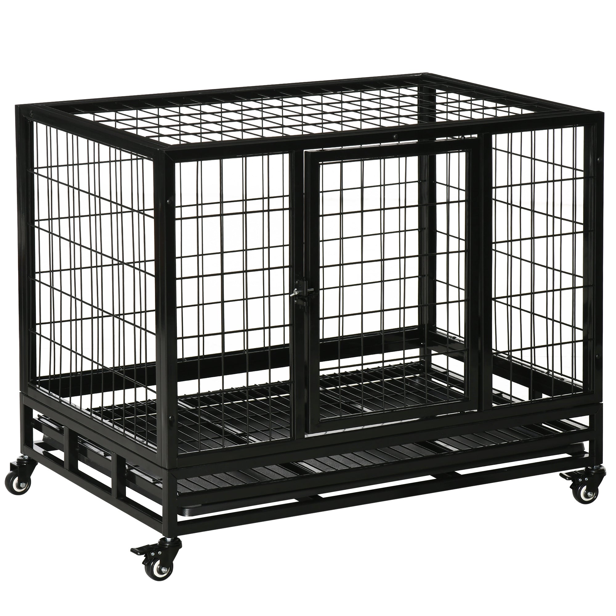 Heavy Duty Dog Crate Cage for Medium Small Dogs Cats with Two Doors, Lockable Wheels, Removable Tray, 36