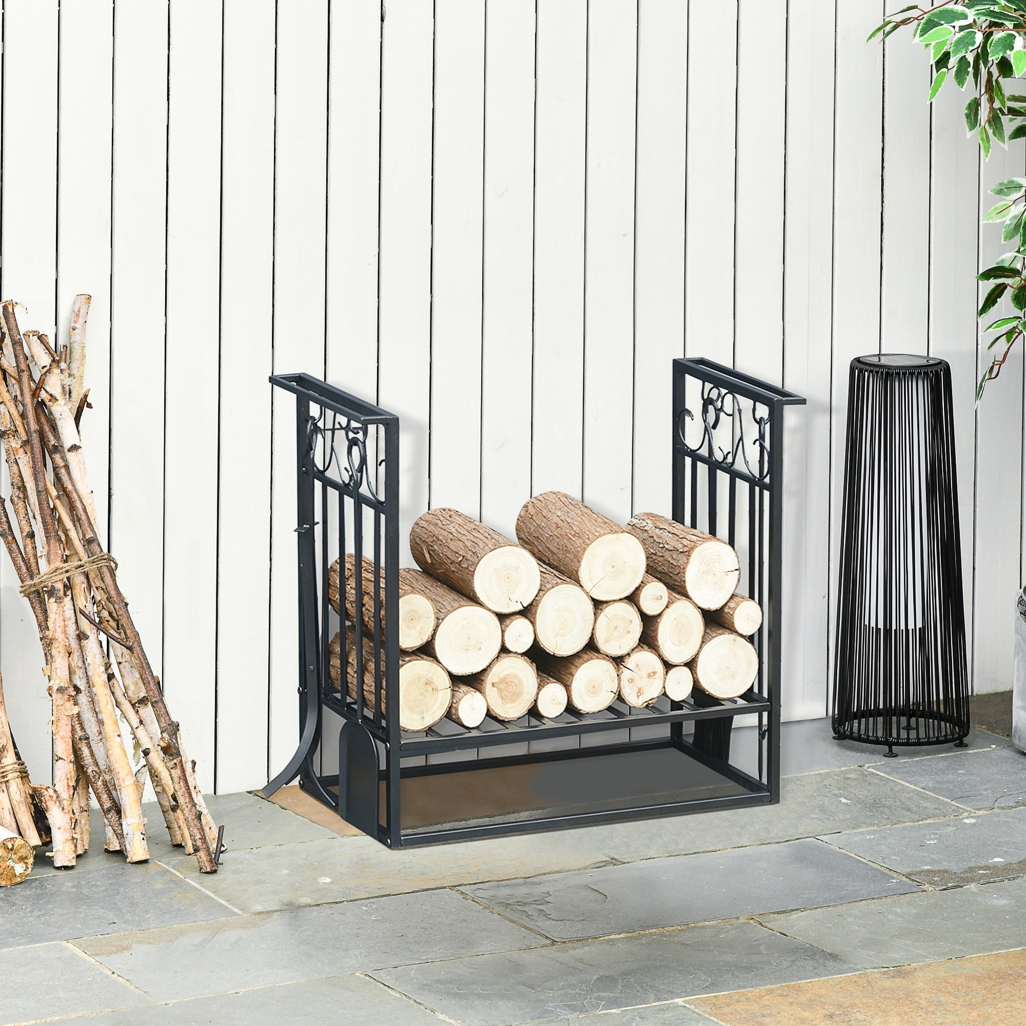 Heavy Duty Firewood Wood Log Rack Vintage Design Firewood Storage Shelf w/ 4 Tools, Black Firewood Racks   at Gallery Canada