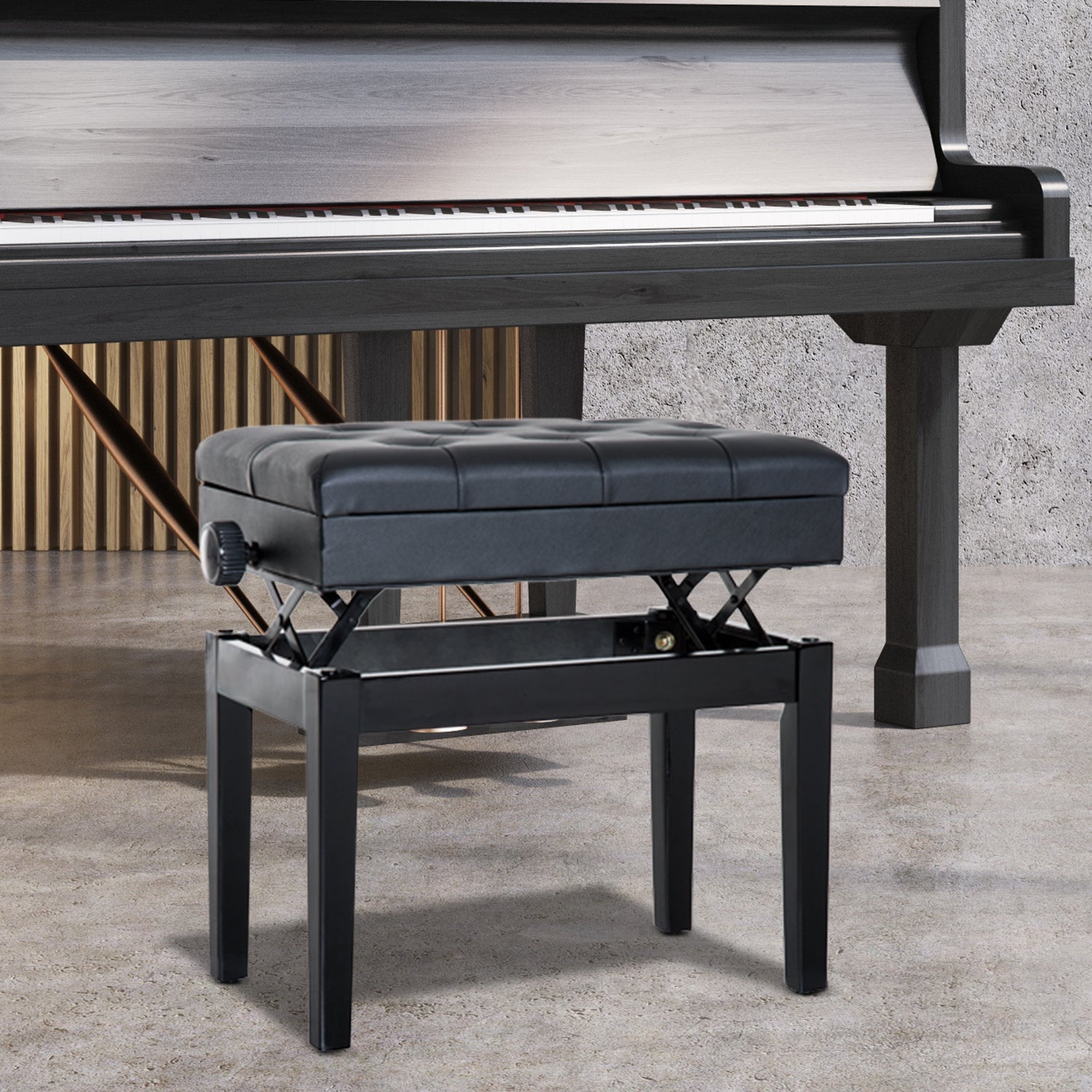 Height Adjustable Piano Bench with Thick and Soft PU Leather Padded, with Enough Music Storage Design, Black Piano Benches   at Gallery Canada