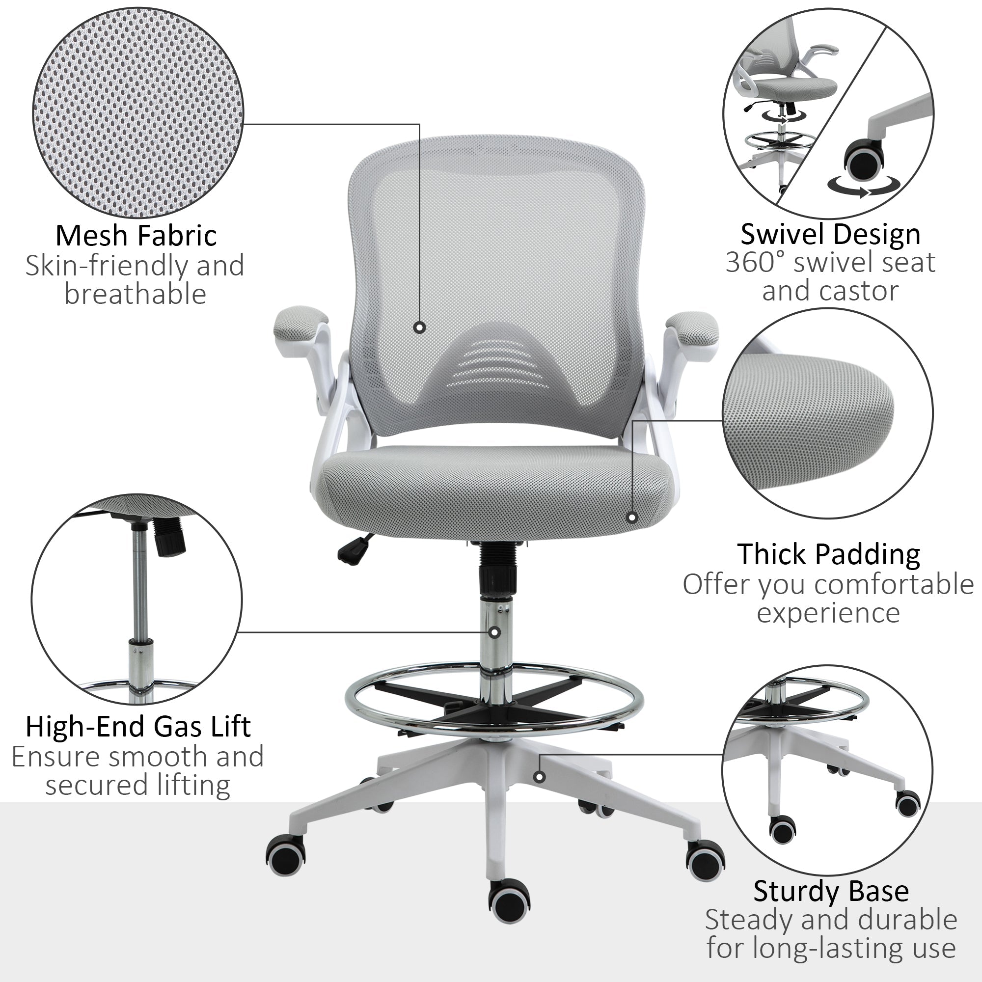 Height-Adjustable Tall Office Chair, Drafting Chair with Flip-Up Armrest, Footrest Ring, Swivel Wheels, Light Grey Task Chairs   at Gallery Canada