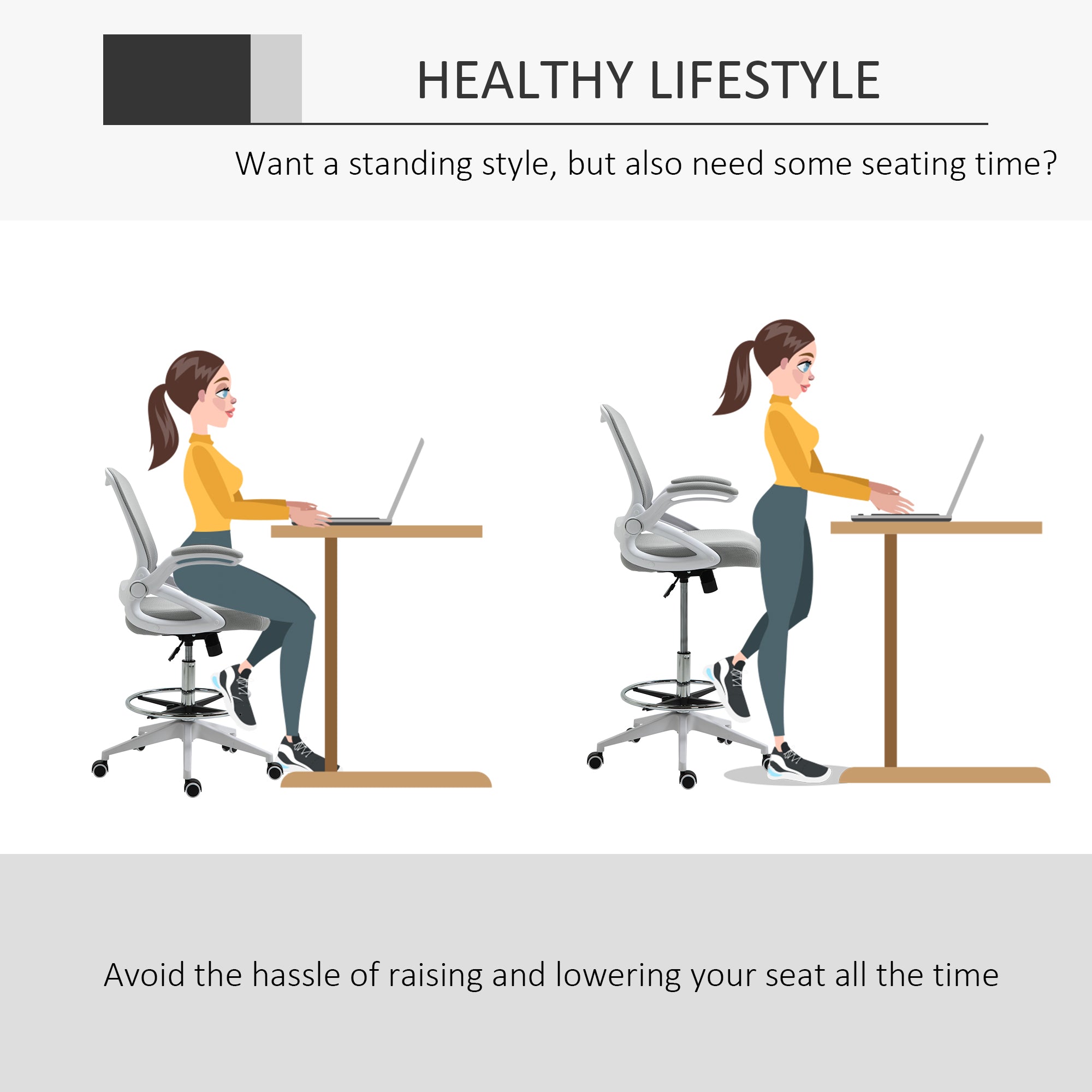 Height-Adjustable Tall Office Chair, Drafting Chair with Flip-Up Armrest, Footrest Ring, Swivel Wheels, Light Grey Task Chairs   at Gallery Canada