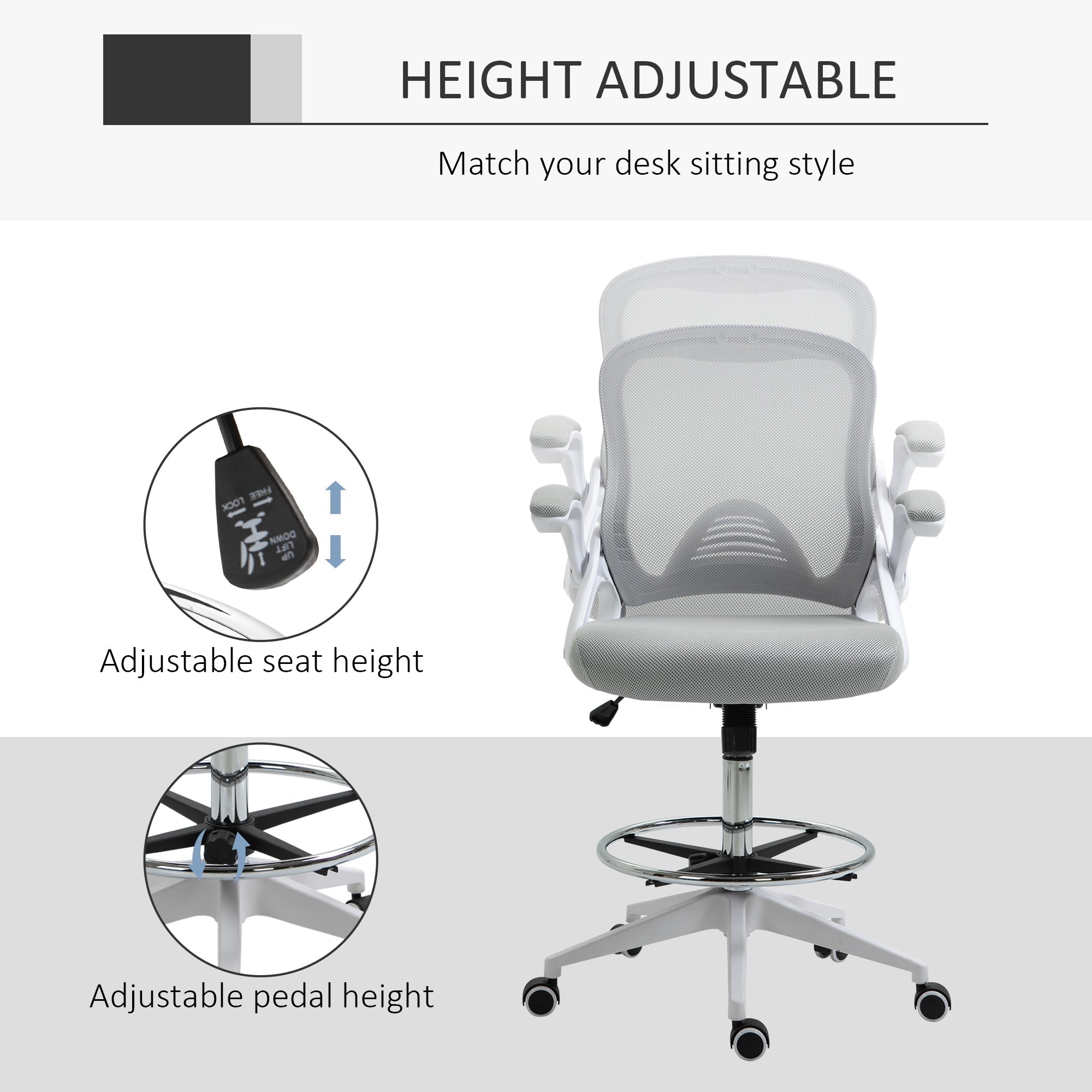 Height-Adjustable Tall Office Chair, Drafting Chair with Flip-Up Armrest, Footrest Ring, Swivel Wheels, Light Grey Task Chairs   at Gallery Canada