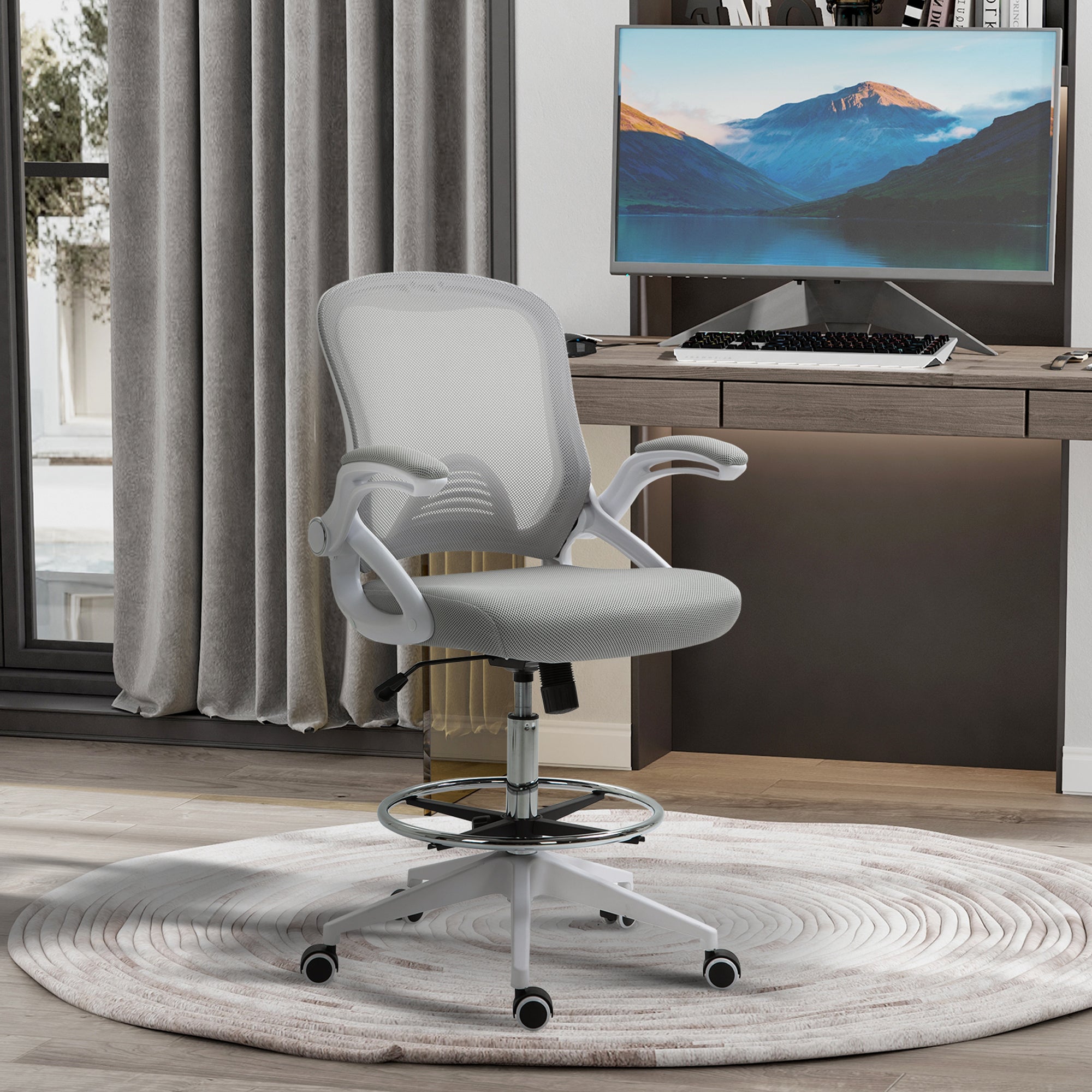 Height-Adjustable Tall Office Chair, Drafting Chair with Flip-Up Armrest, Footrest Ring, Swivel Wheels, Light Grey Task Chairs   at Gallery Canada