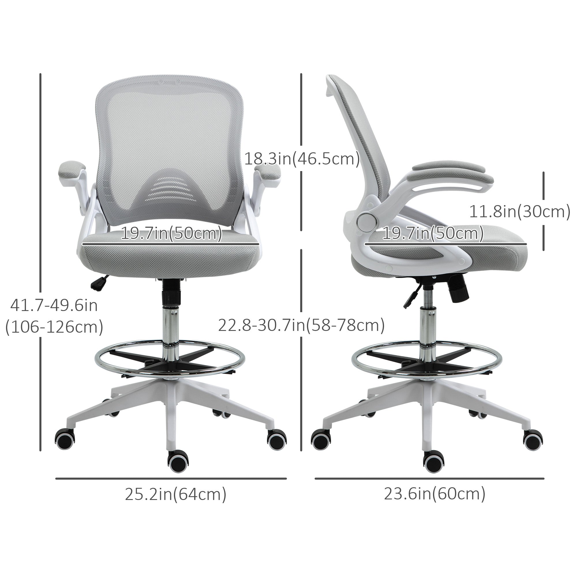 Height-Adjustable Tall Office Chair, Drafting Chair with Flip-Up Armrest, Footrest Ring, Swivel Wheels, Light Grey Task Chairs   at Gallery Canada