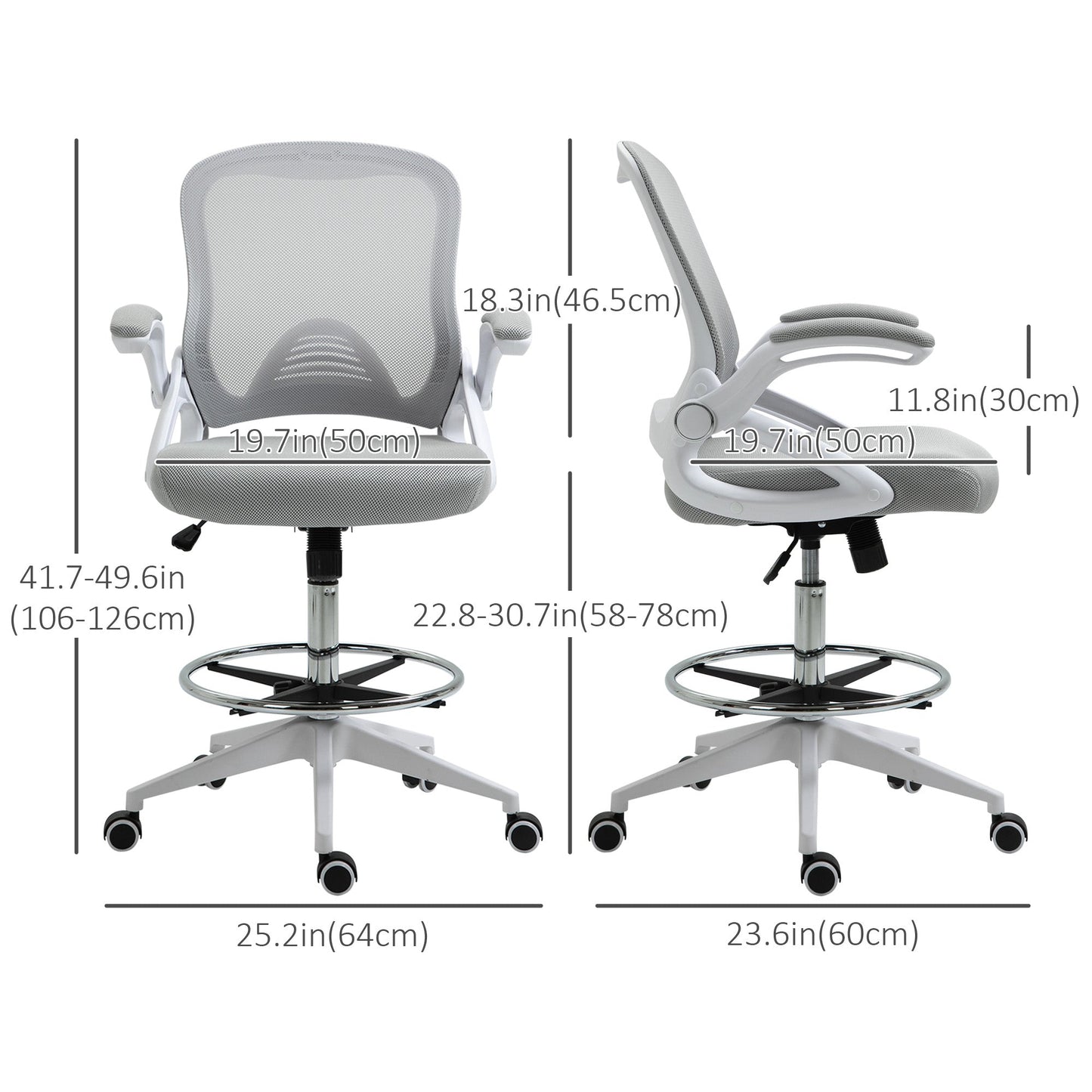 Height-Adjustable Tall Office Chair, Drafting Chair with Flip-Up Armrest, Footrest Ring, Swivel Wheels, Light Grey - Gallery Canada