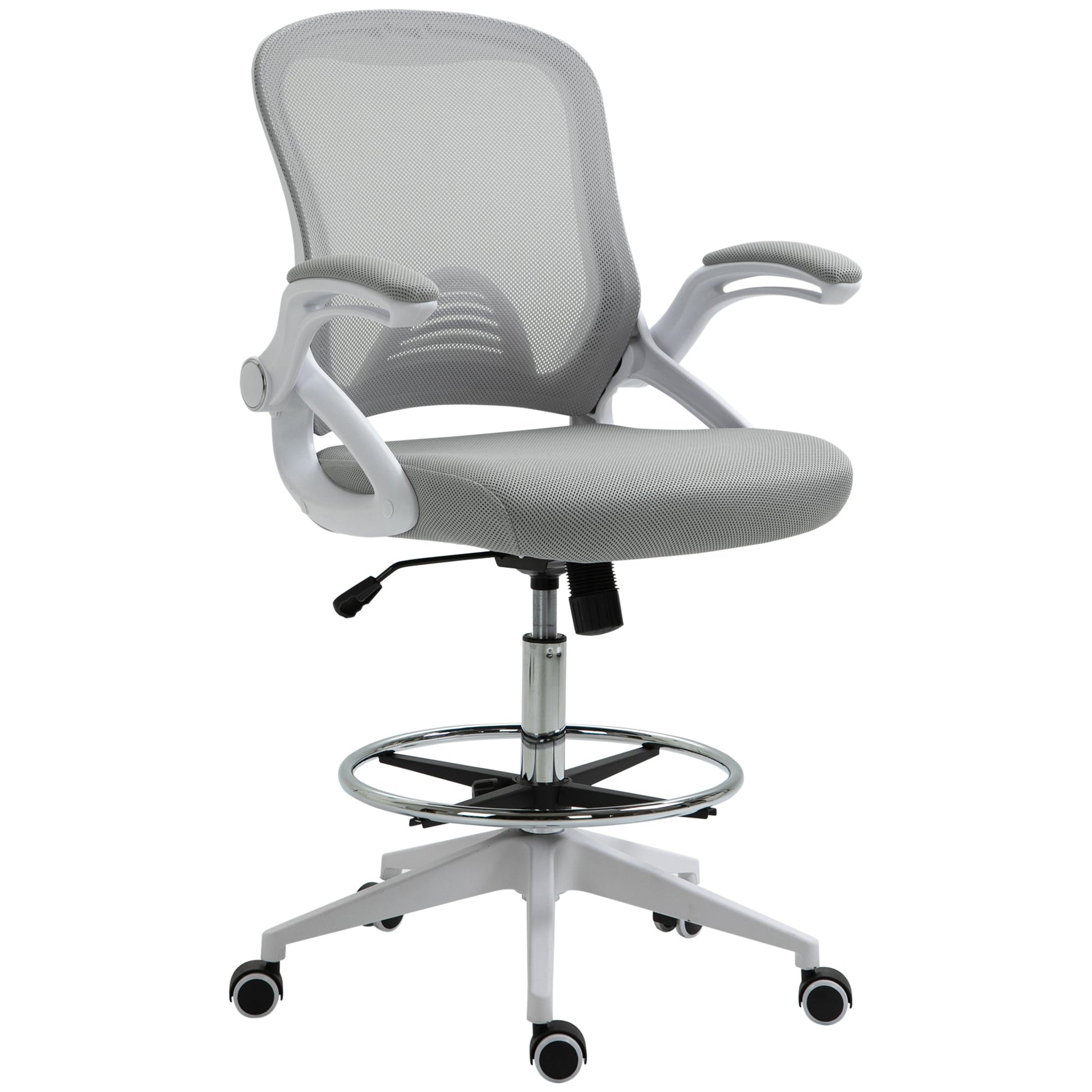 Height-Adjustable Tall Office Chair, Drafting Chair with Flip-Up Armrest, Footrest Ring, Swivel Wheels, Light Grey - Gallery Canada