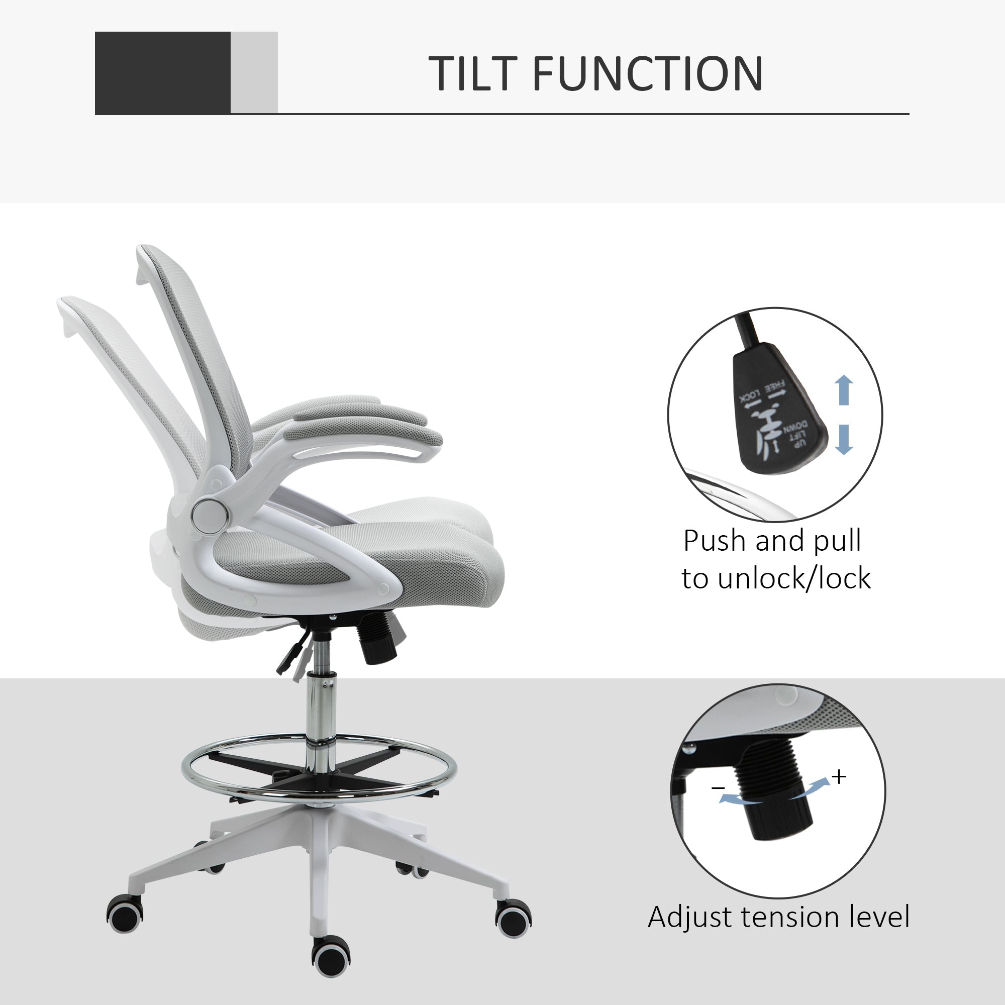 Height-Adjustable Tall Office Chair, Drafting Chair with Flip-Up Armrest, Footrest Ring, Swivel Wheels, Light Grey Task Chairs   at Gallery Canada