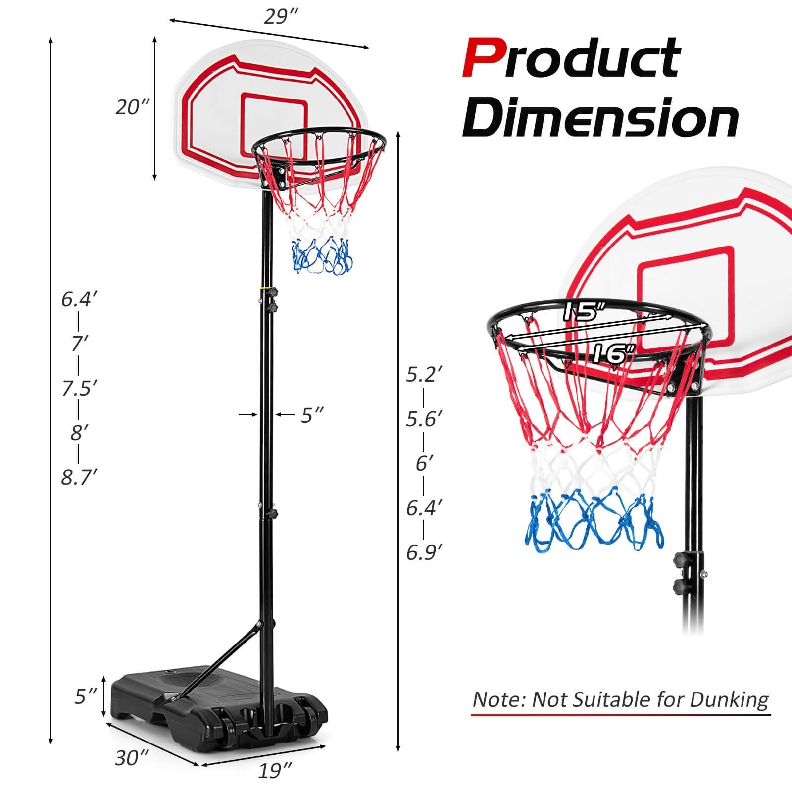 Height Adjustable Basketball Hoop with 2 Nets and Fillable Base, Multicolor Toy Sports   at Gallery Canada