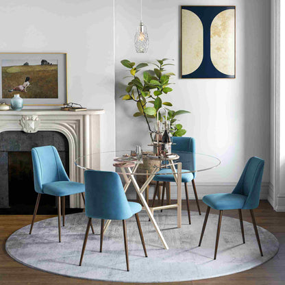 Dining Chairs Set of 4, Modern Kitchen Chair with Velvet-touch Upholstery, Curved Back and Wood-grain Steel Leg for Living Room, Bedroom, Blue Bar Stools   at Gallery Canada