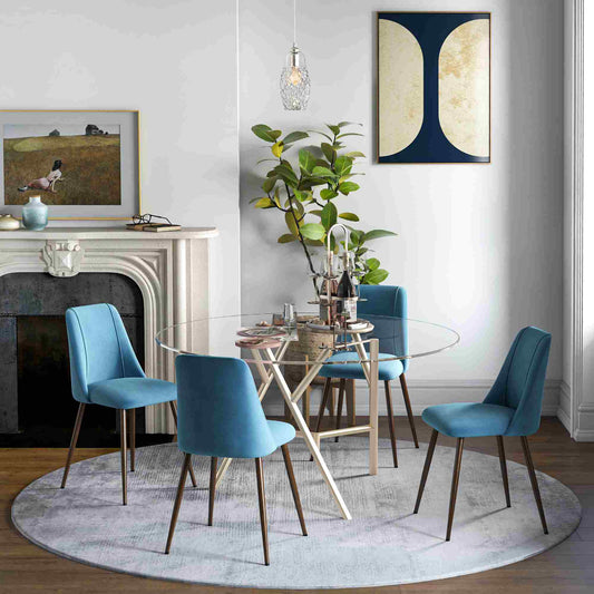 Dining Chairs Set of 4, Modern Kitchen Chair with Velvet-touch Upholstery, Curved Back and Wood-grain Steel Leg for Living Room, Bedroom, Blue - Gallery Canada