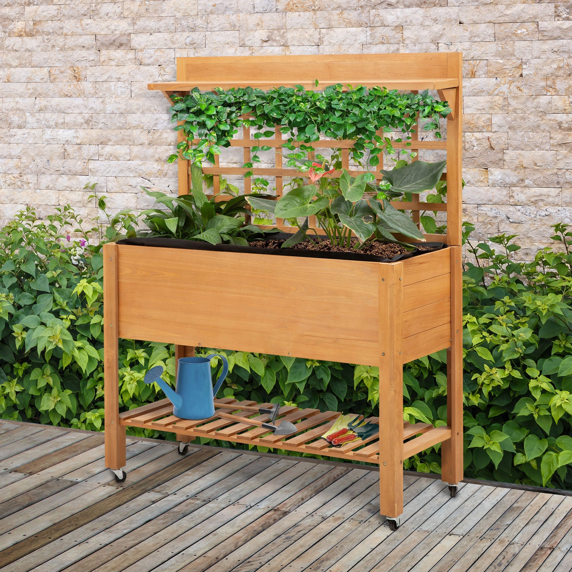 Wooden Raised Garden Bed Planter with Shelf and Wheels, 41.25