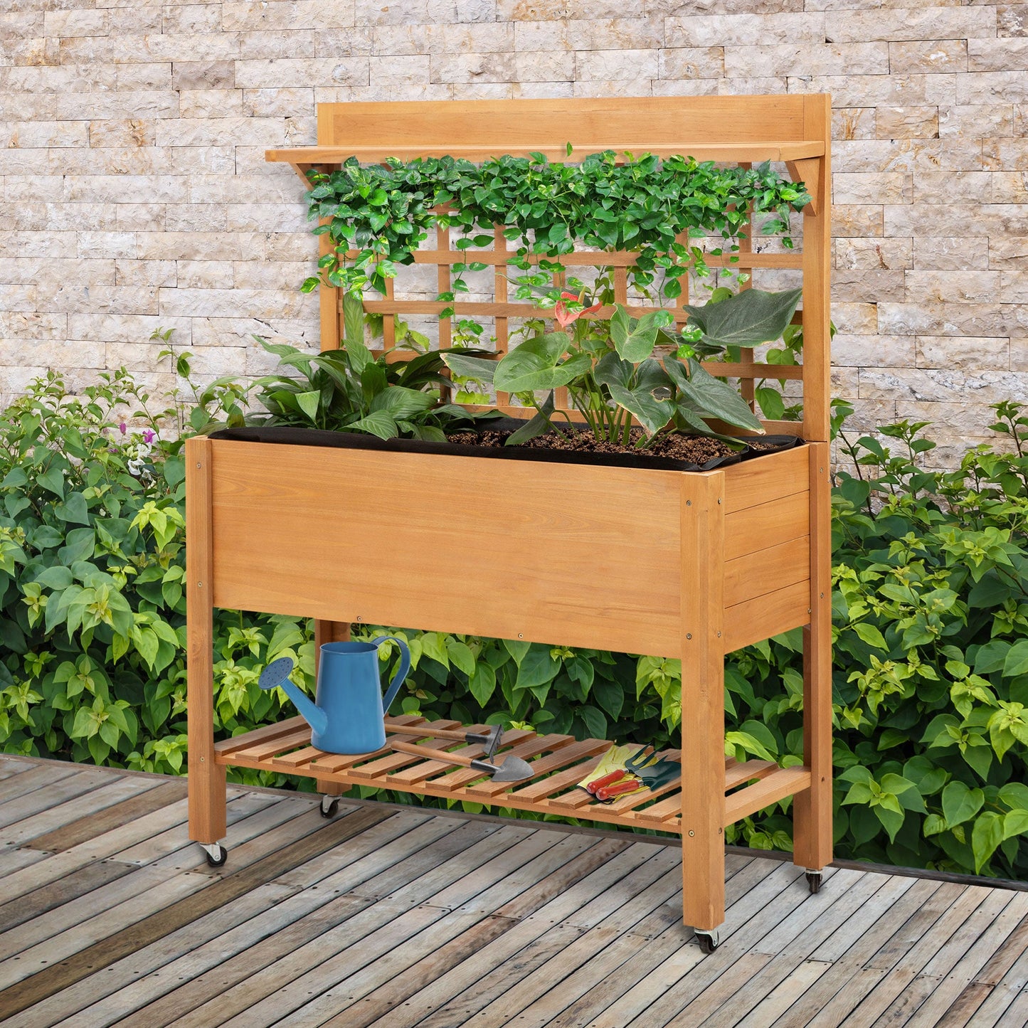 Wooden Raised Garden Bed Planter with Shelf and Wheels, 41.25"x15.75"x53.25", Natural Elevated Garden Beds   at Gallery Canada