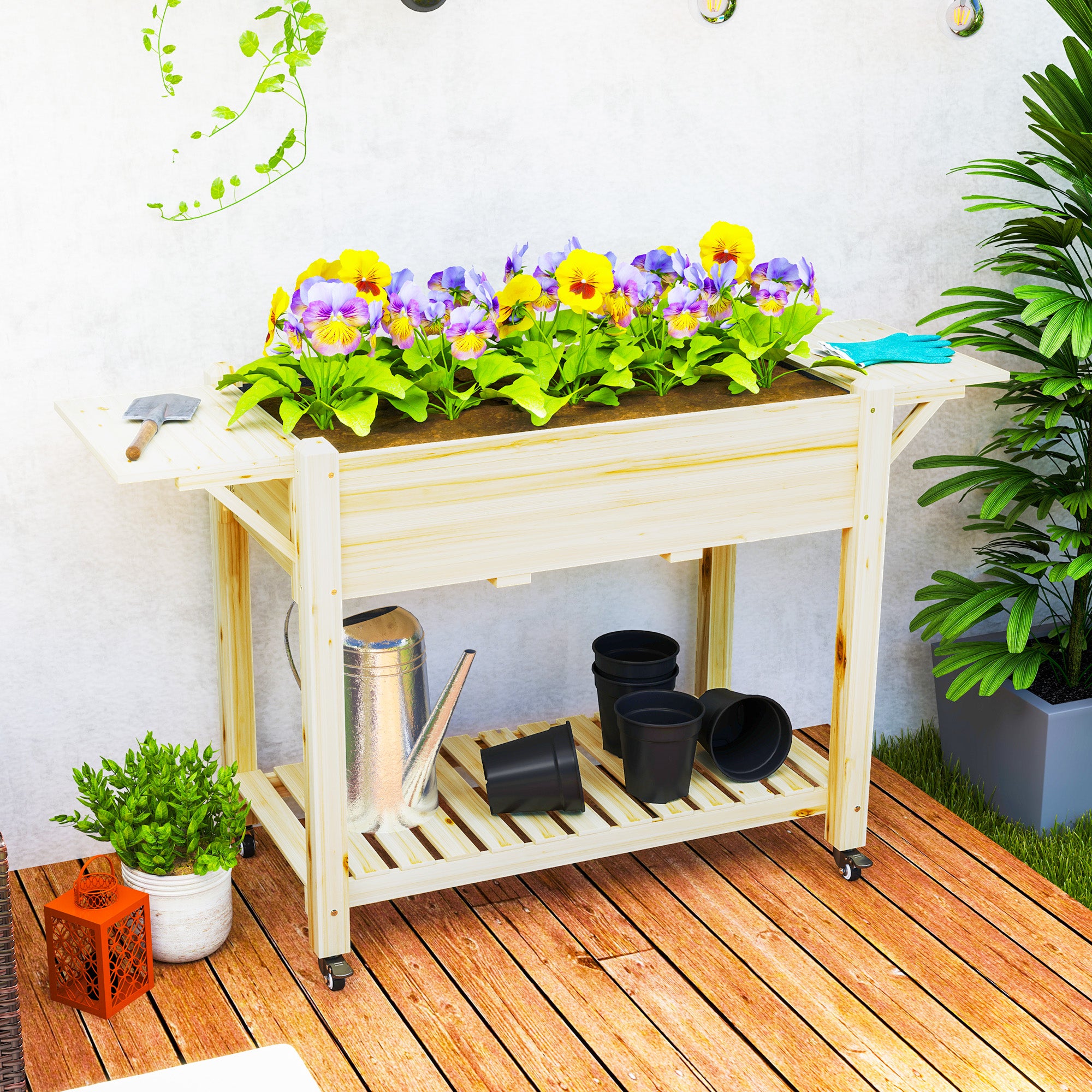 Raised Garden Bed, Wood Planter Box with Lockable Wheels, Side Tables, Bottom Shelf, Bed Liner, Drain Holes, Natural Raised Garden Beds at Gallery Canada