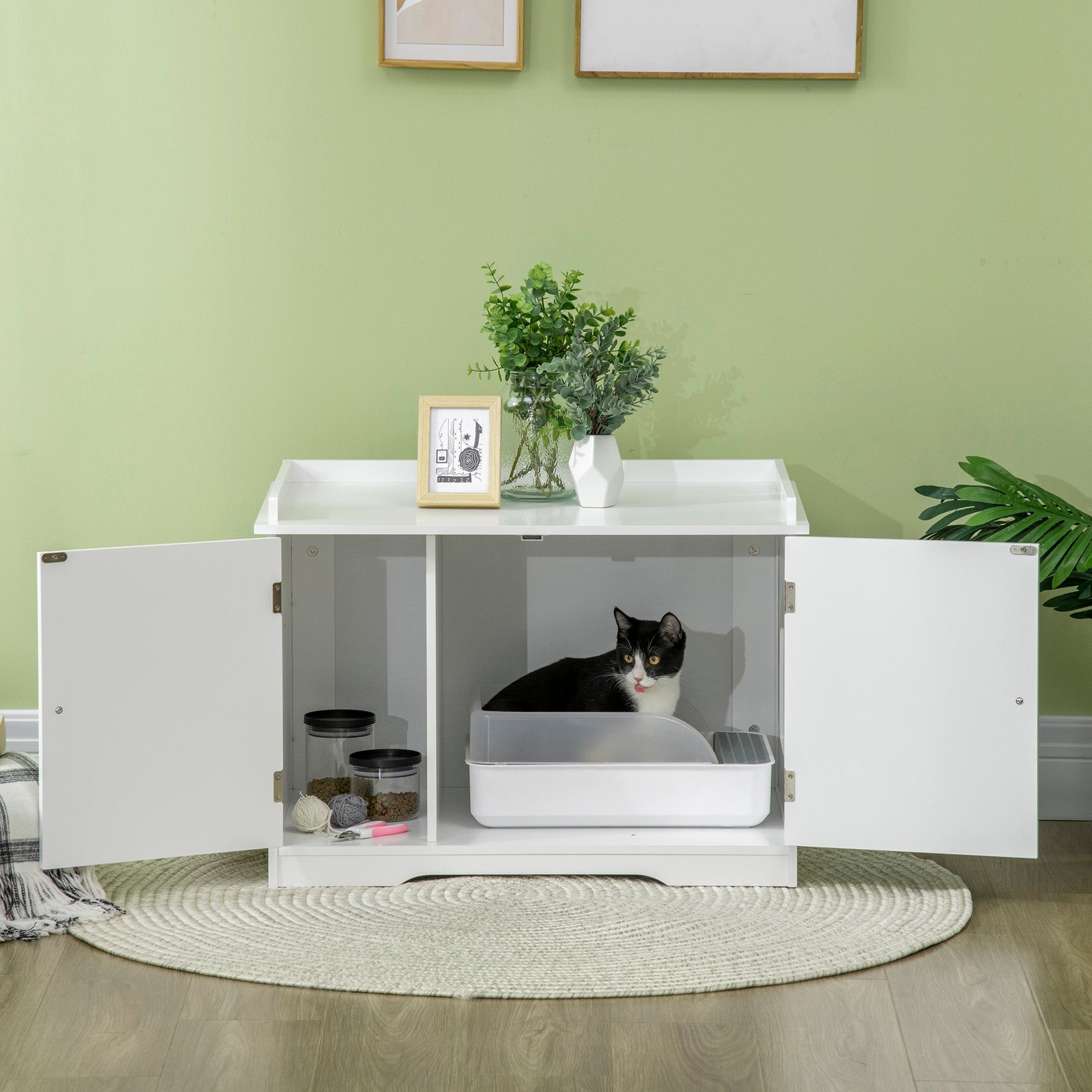 Hidden Litter Box Enclosure Cat Furniture with Storage, Adjustable Divider, Indoor Pet House Side Table, White Cat Litter Box Enclosures   at Gallery Canada