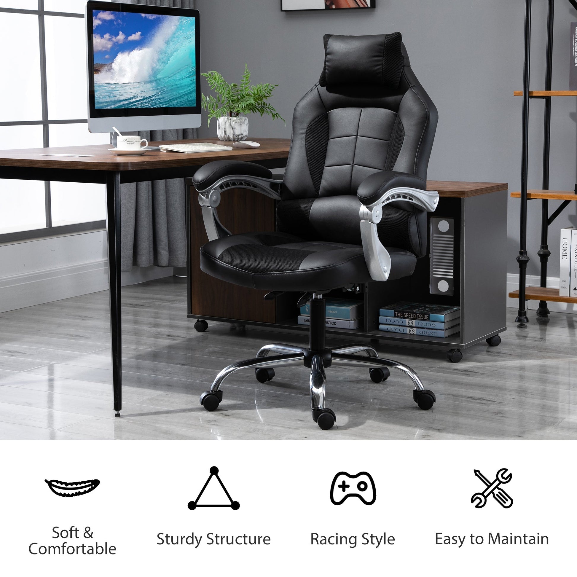 High Back Office Chair, Executive Racing Gaming Chair, Adjustable Recliner with Removable Headrest Pillow for Office, Black Video Game Chairs   at Gallery Canada