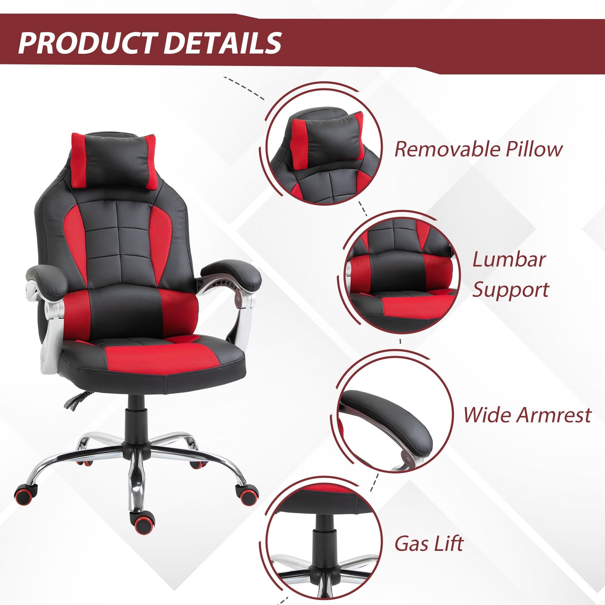 High Back Office Chair, Executive Racing Gaming Chair, Adjustable Recliner with Removable Headrest Pillow for Office, Black and Red Video Game Chairs   at Gallery Canada