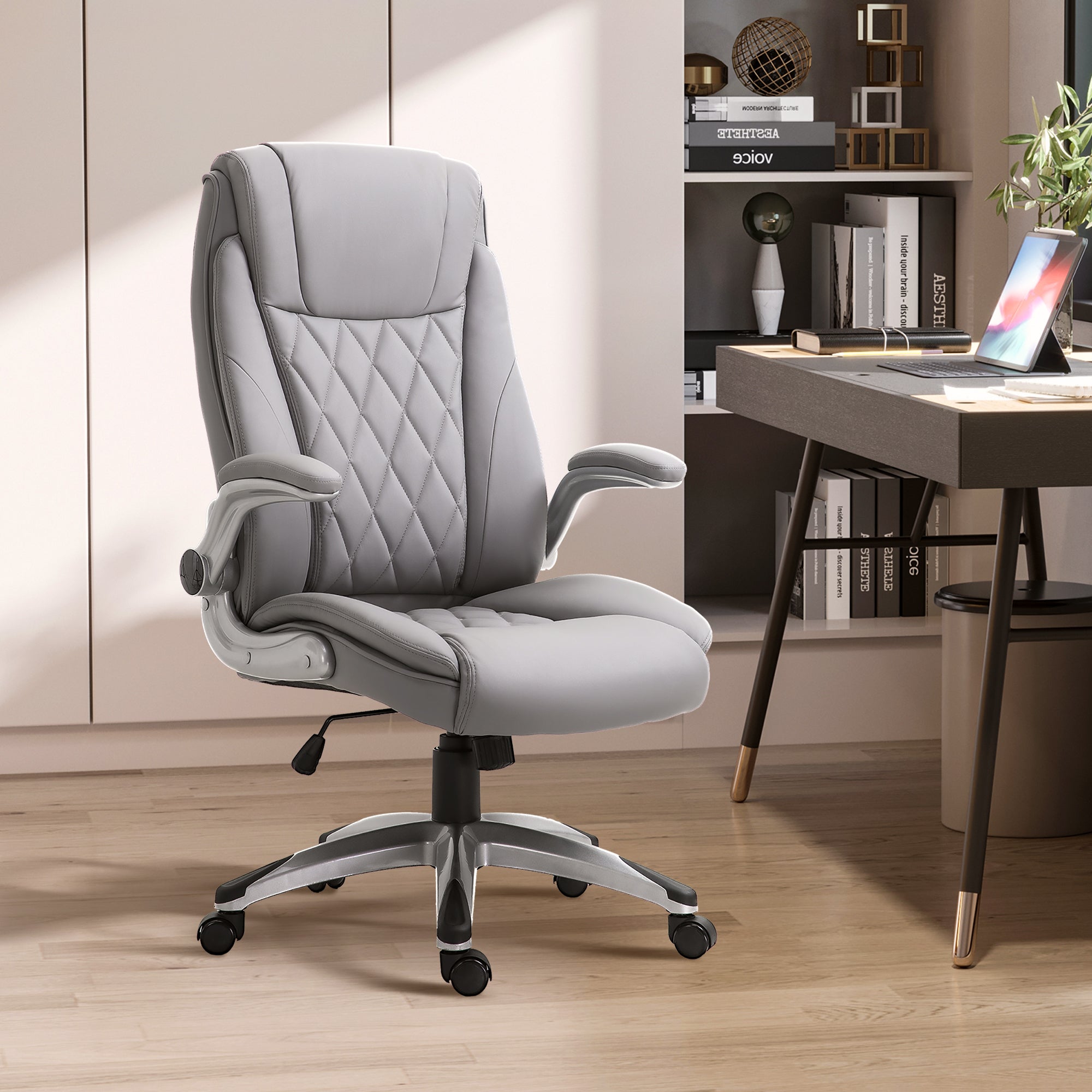 High-Back Office Chair Executive Swivel Computer Desk Chair, with PU Leather, Flip-up Armrest, Grey Executive & Manager Chairs   at Gallery Canada