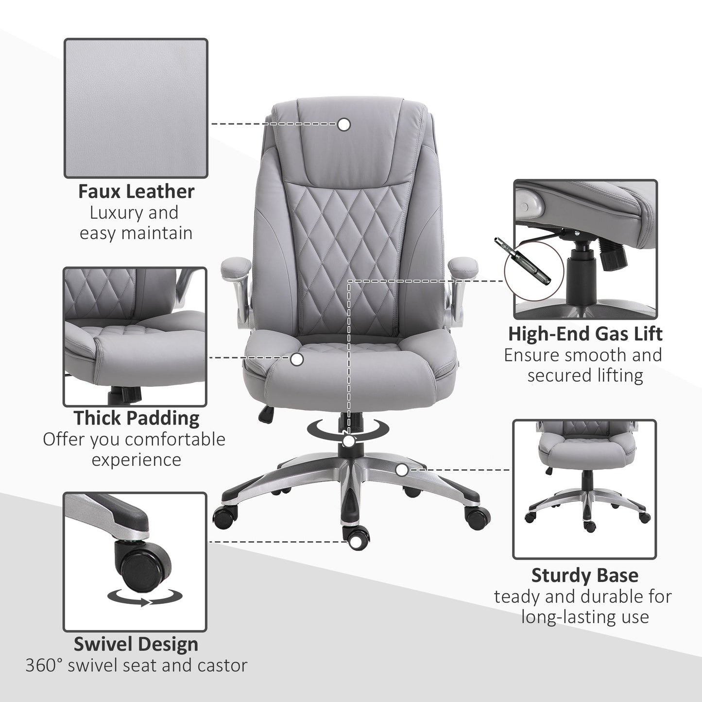 High-Back Office Chair Executive Swivel Computer Desk Chair, with PU Leather, Flip-up Armrest, Grey Executive & Manager Chairs   at Gallery Canada