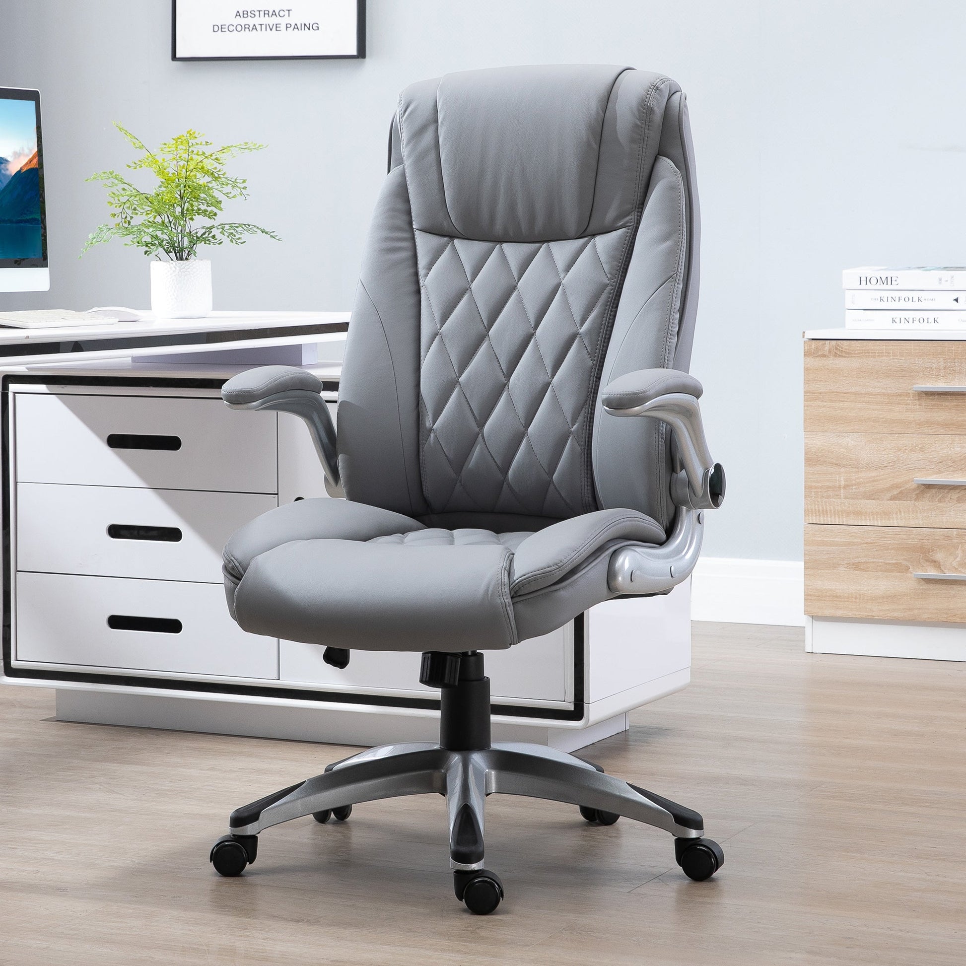 High-Back Office Chair Executive Swivel Computer Desk Chair, with PU Leather, Flip-up Armrest, Grey Executive & Manager Chairs   at Gallery Canada