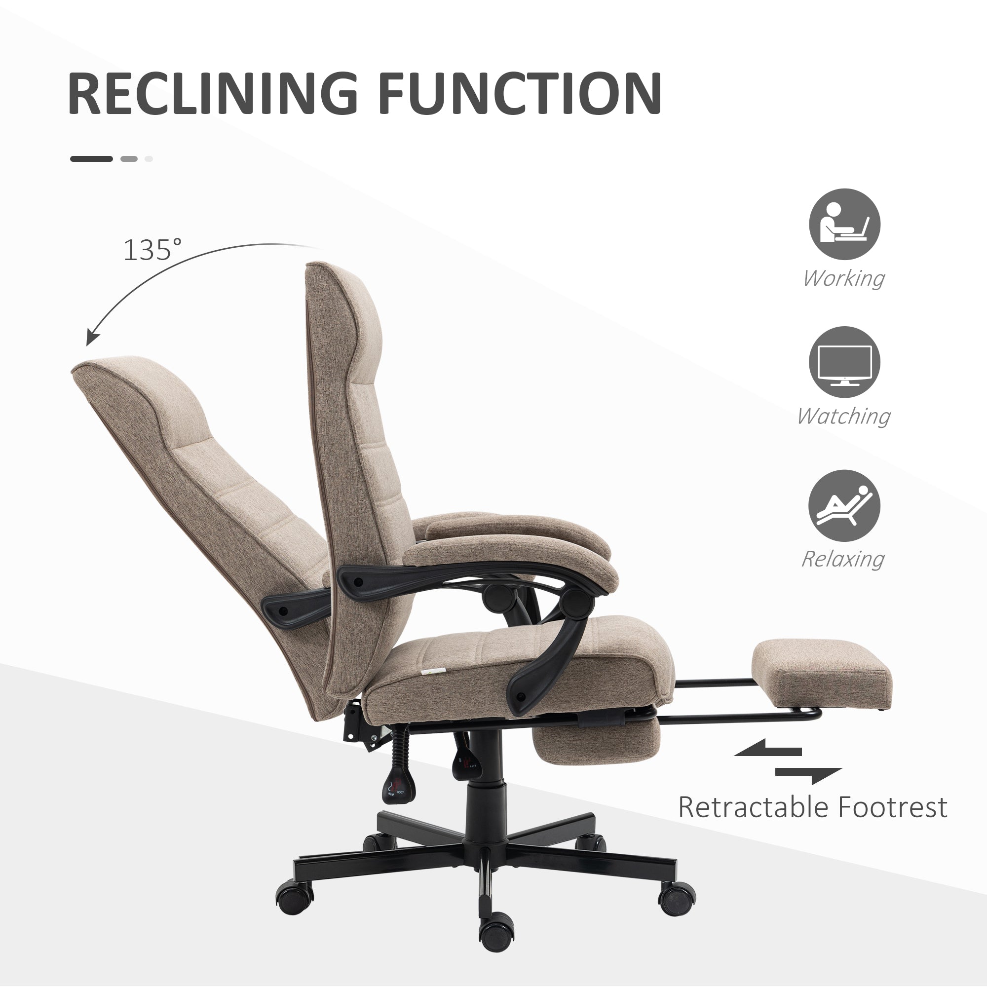 High-Back Office Chair, Linen Computer Desk Chair, Swivel Reclining Chair with Adjustable Height, Footrest and Padded Armrest, Brown Task Chairs   at Gallery Canada