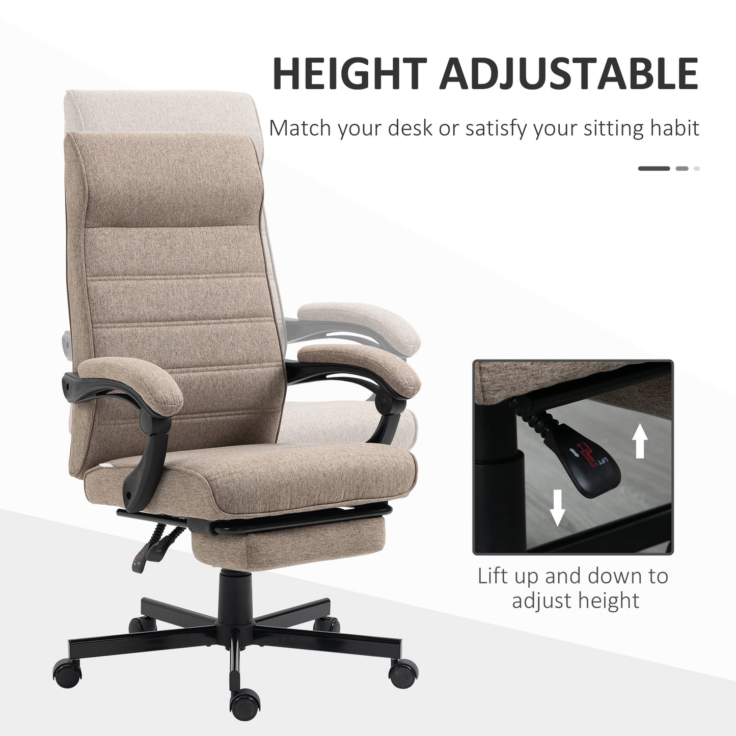 High-Back Office Chair, Linen Computer Desk Chair, Swivel Reclining Chair with Adjustable Height, Footrest and Padded Armrest, Brown Task Chairs   at Gallery Canada