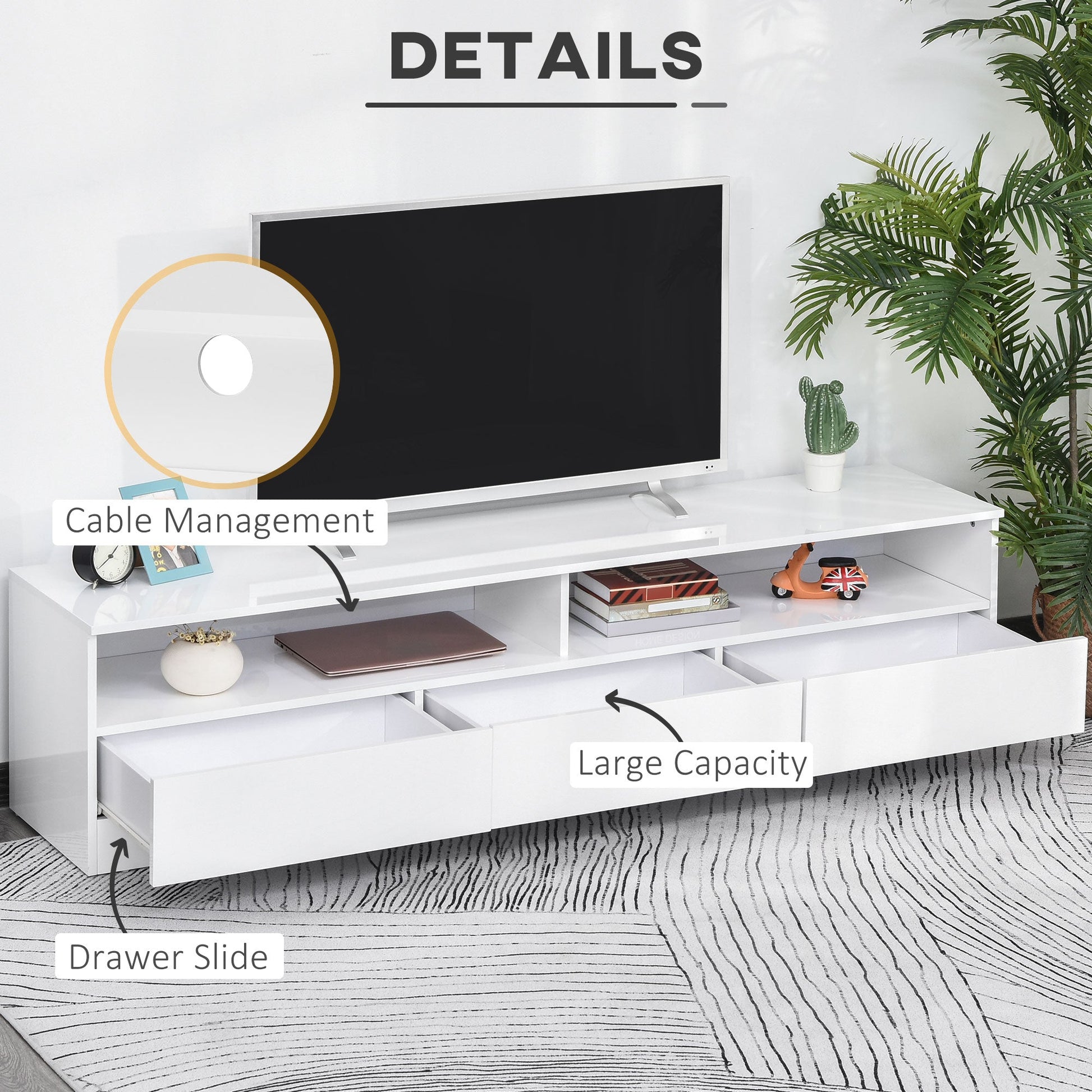 High Gloss LED TV Cabinet Stand for TVs up to 75", Home Entertainment Center Modern TV Storage Unit, White TV Stands   at Gallery Canada