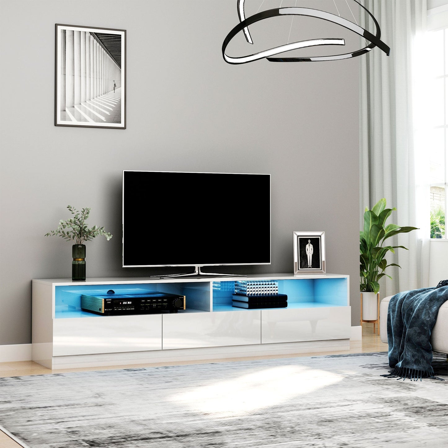 High Gloss LED TV Cabinet Stand for TVs up to 75", Home Entertainment Center Modern TV Storage Unit, White TV Stands   at Gallery Canada