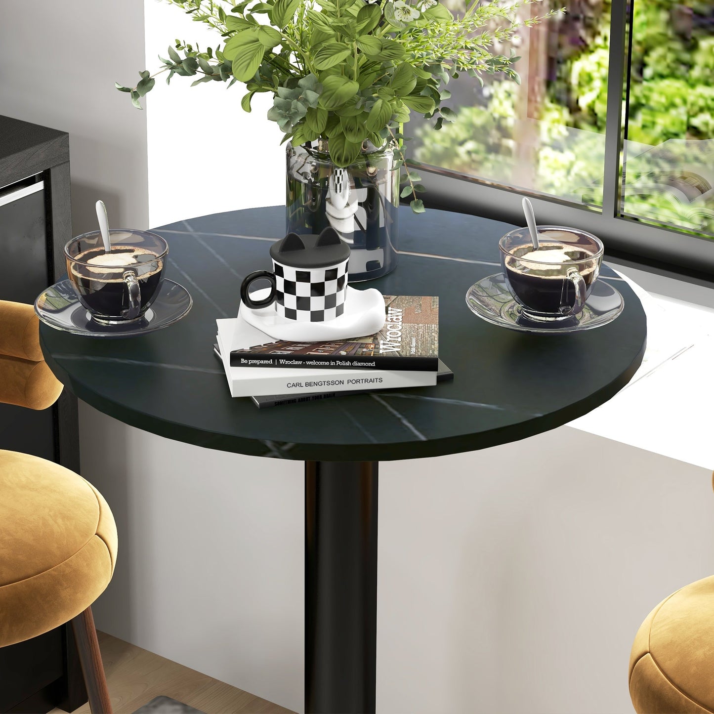 High Top Bar Table, Modern Round Dining Table with Faux-marbled Top and Gold Base, Bistro Table for 2 People, Black Bar Tables & Dining Tables   at Gallery Canada