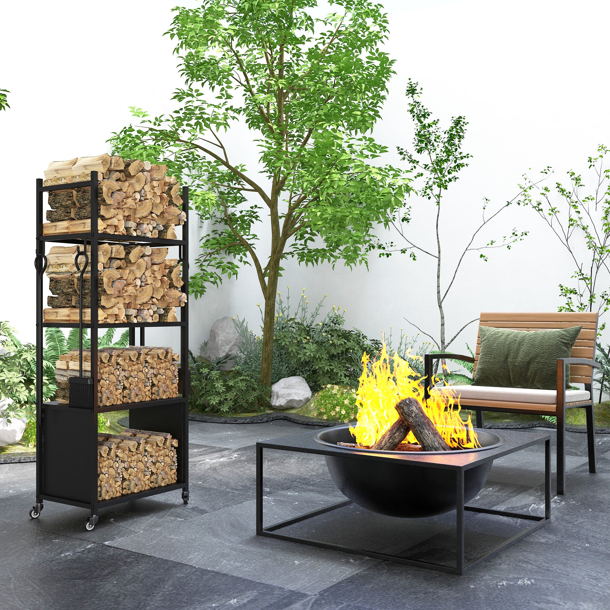 4-Tier Outdoor Indoor Firewood Rack with Wheels and 4 Tools, Powder-Coated Steel Wood Storage Rack Log Holder Firewood Racks at Gallery Canada