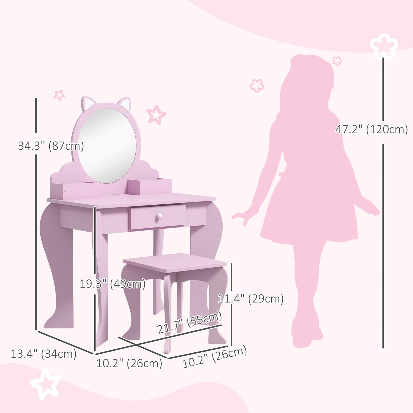 Makeup Vanity with Mirror and Stool, Cat Design, Drawer, Storage Boxes, for 3-6 Years Old, Pink Toy Vanity   at Gallery Canada