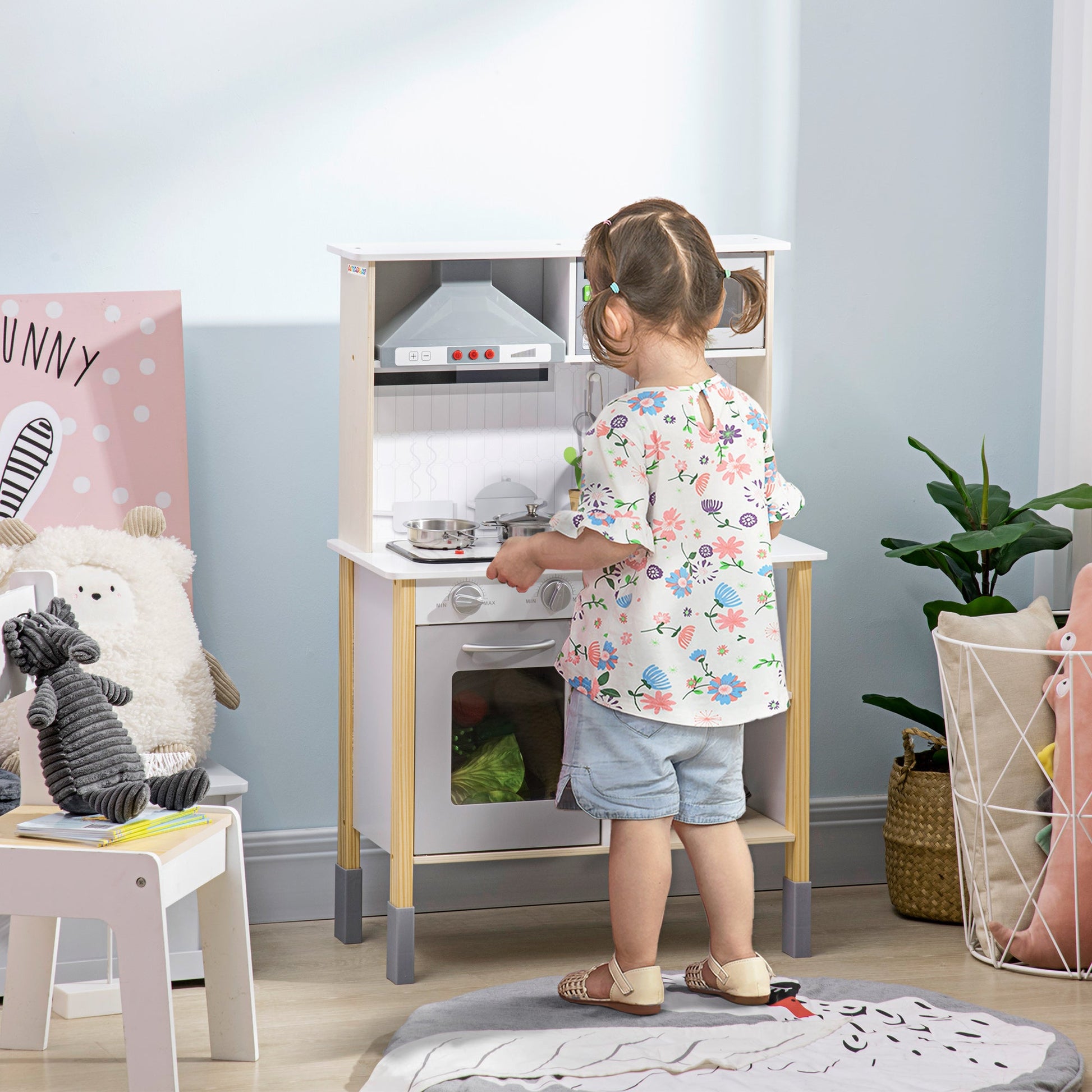 Adjustable Wooden Play Kitchen with Lights, Sounds, Microwave, Accessories, White Play Kitchen   at Gallery Canada