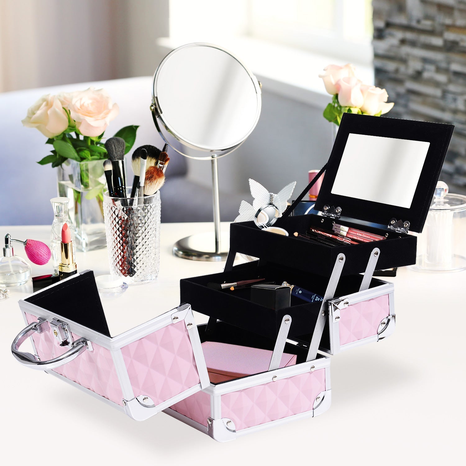 3 Tier Diamond Texture Makeup Train Case Cosmetic Organizer with Mirror, Pink Makeup Cases   at Gallery Canada