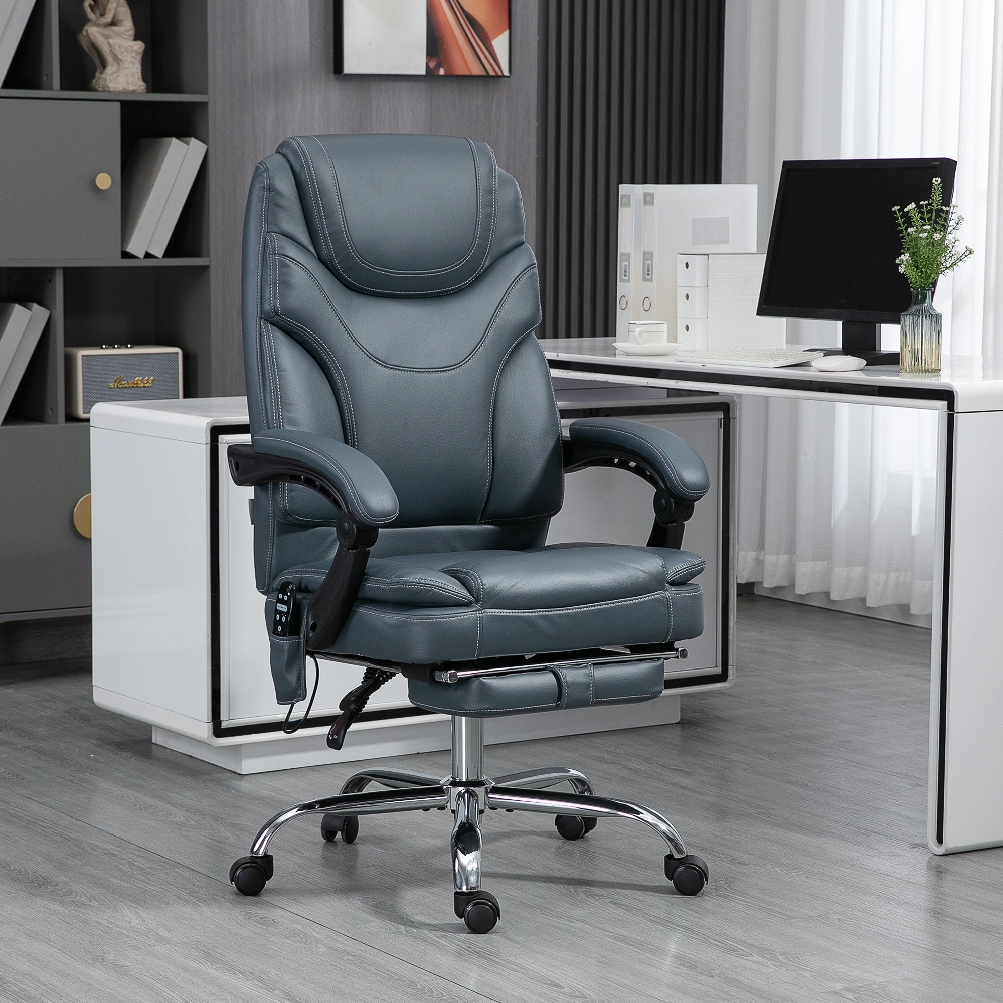 6 Point Vibration Massage Office Chair, PU Leather Heated Reclining Computer Chair with Footrest, Grey Massage Chairs   at Gallery Canada